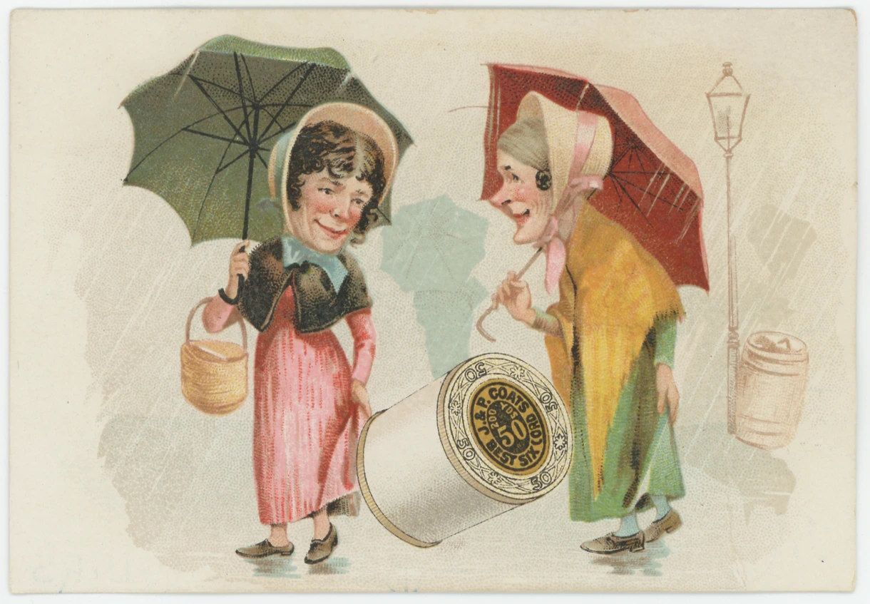 J. & P. Coats Spool Cotton Trade Card, 2 Women with Umbrellas