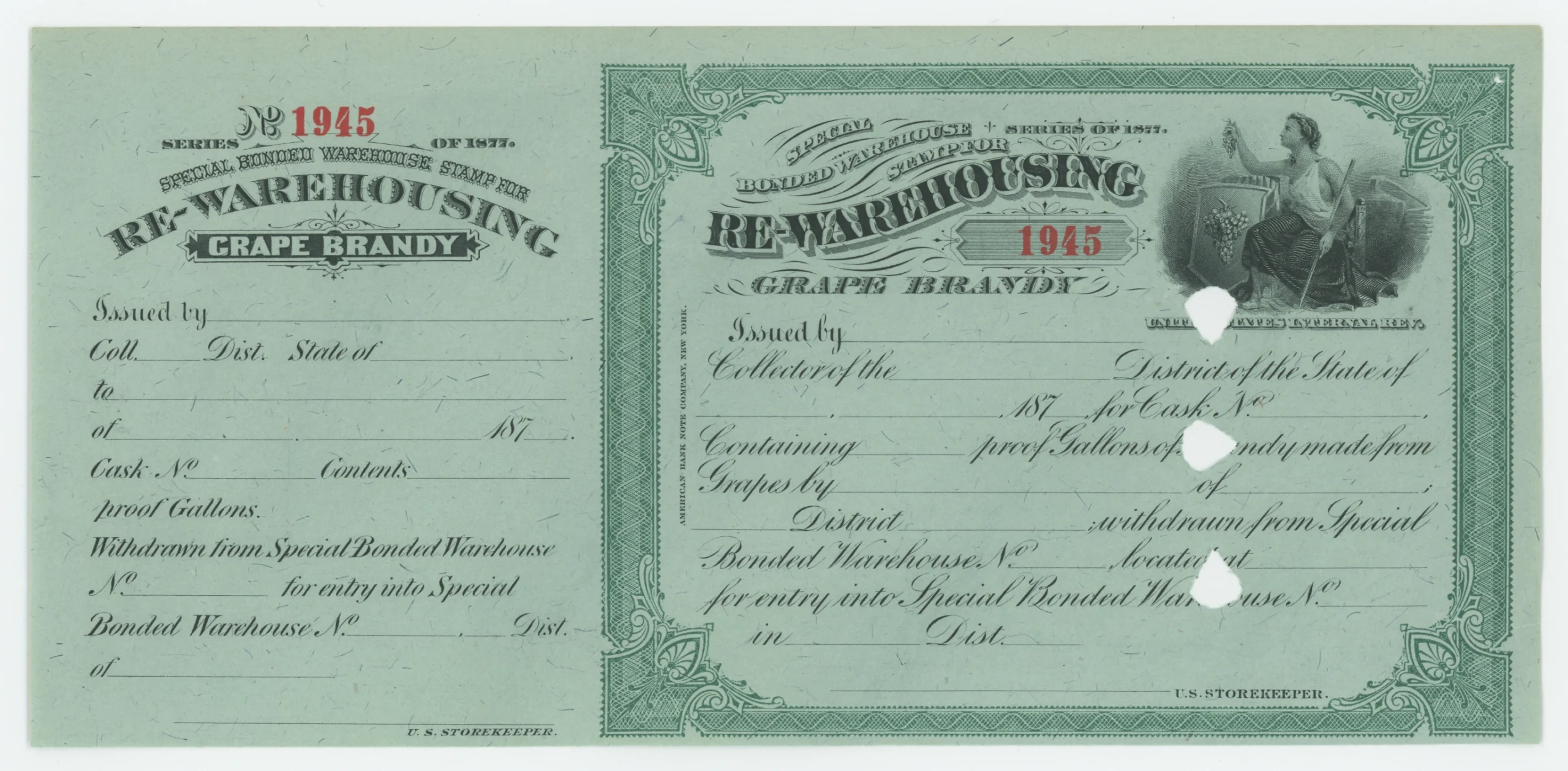 Series 1877 Special Bonded Warehouse Stamp for Re-Warehousing Grape Brandy