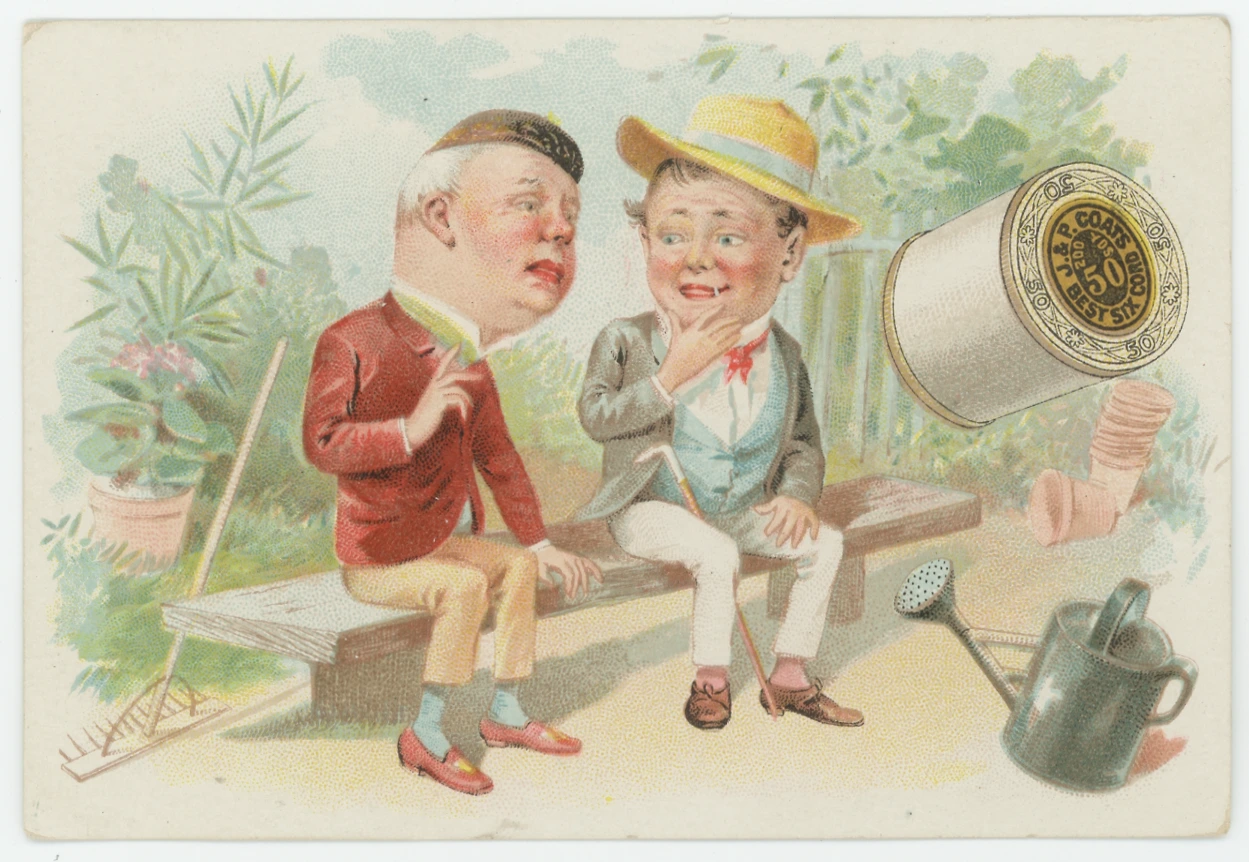 J. & P. Coats Spool Cotton Trade Card, 2 Gentlemen in a Garden