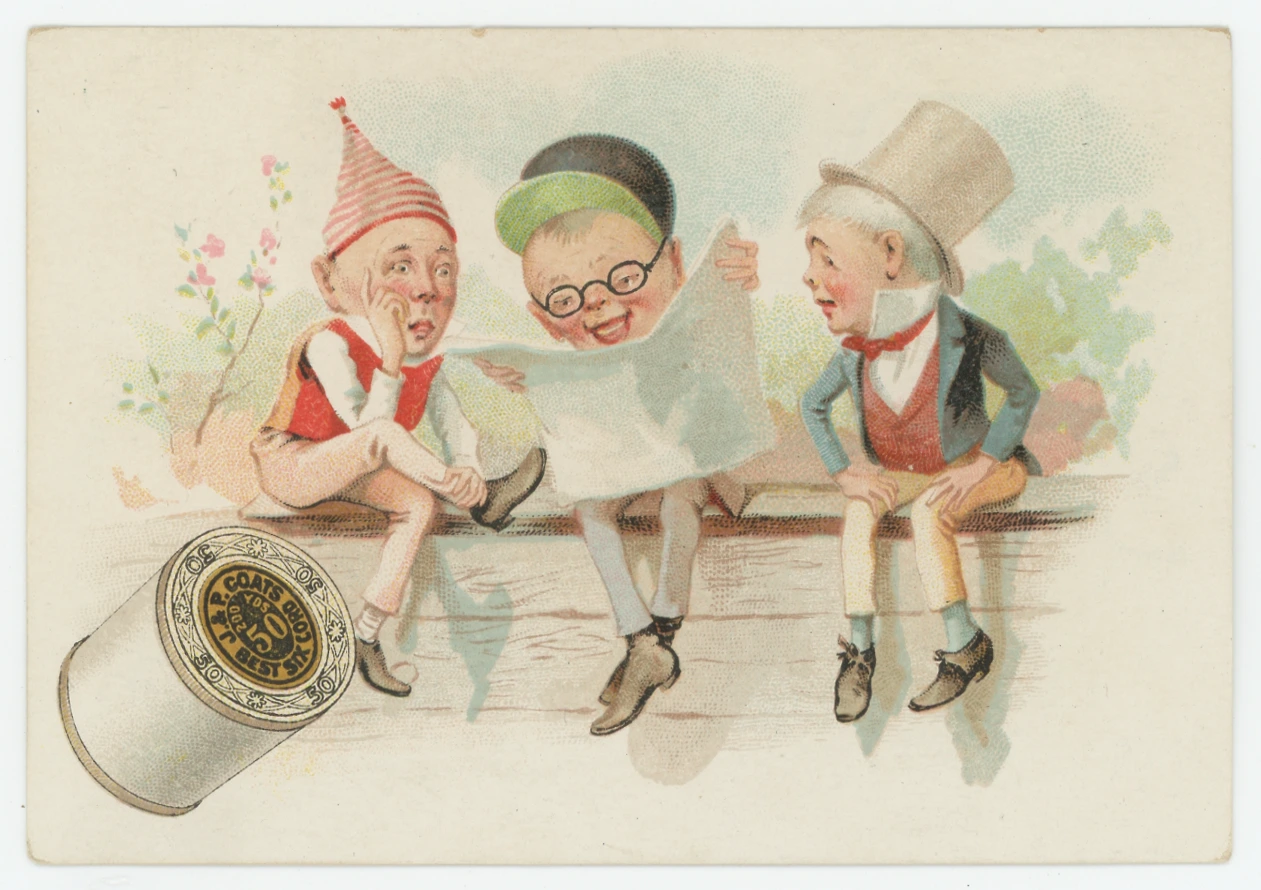 J. & P. Coats Spool Cotton Trade Card, Reading the News in a Variety of Hats