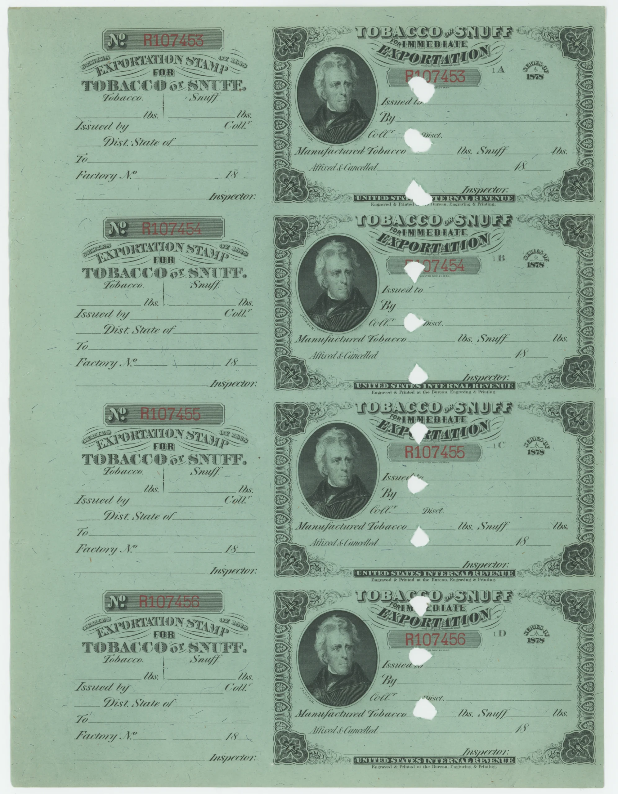 Series 1878 Tobacco & Snuff Export Tax, Full Sheet