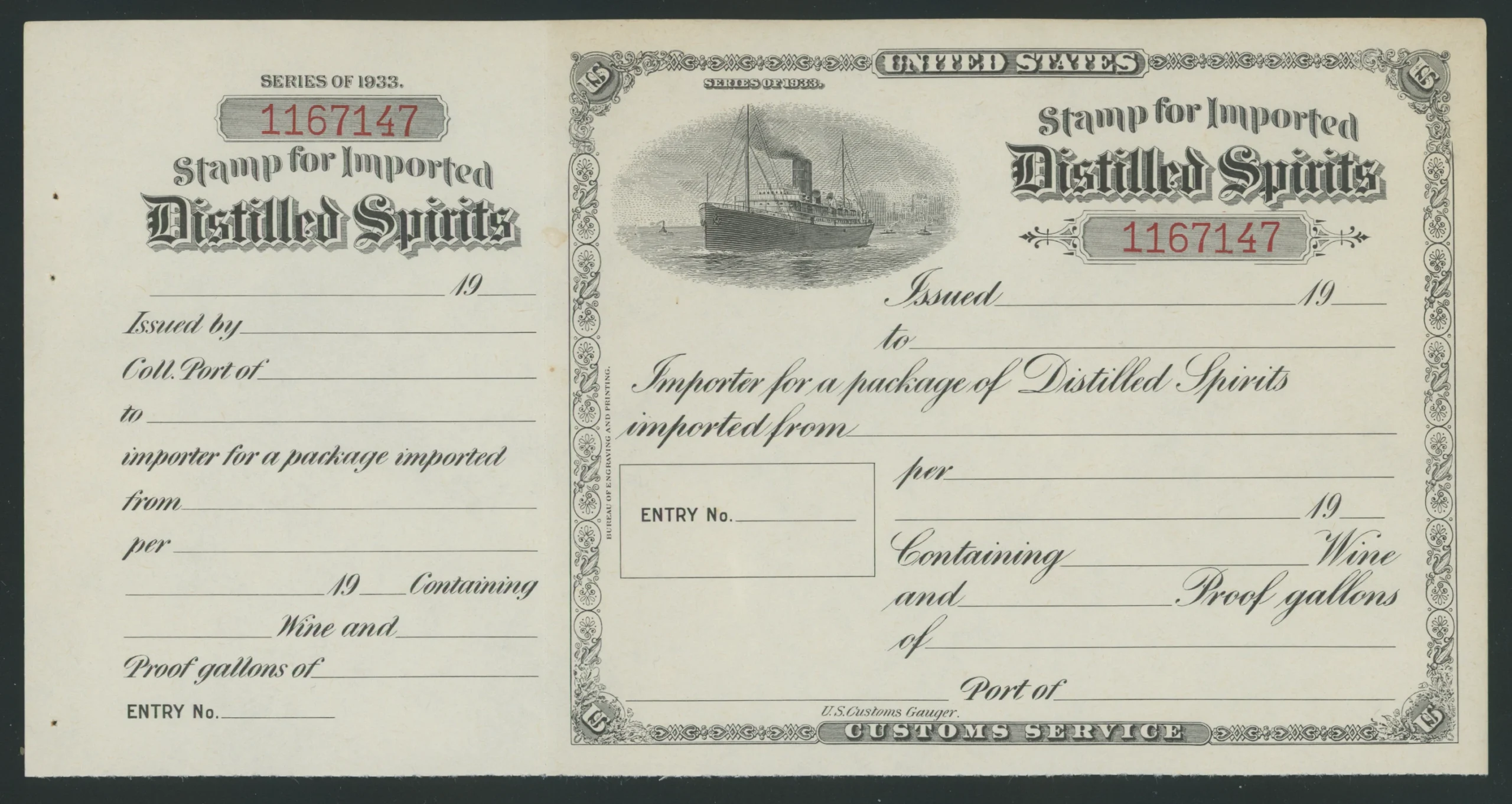 CIS7 Series 1933 Customs Stamp for Imported Distilled Spirits