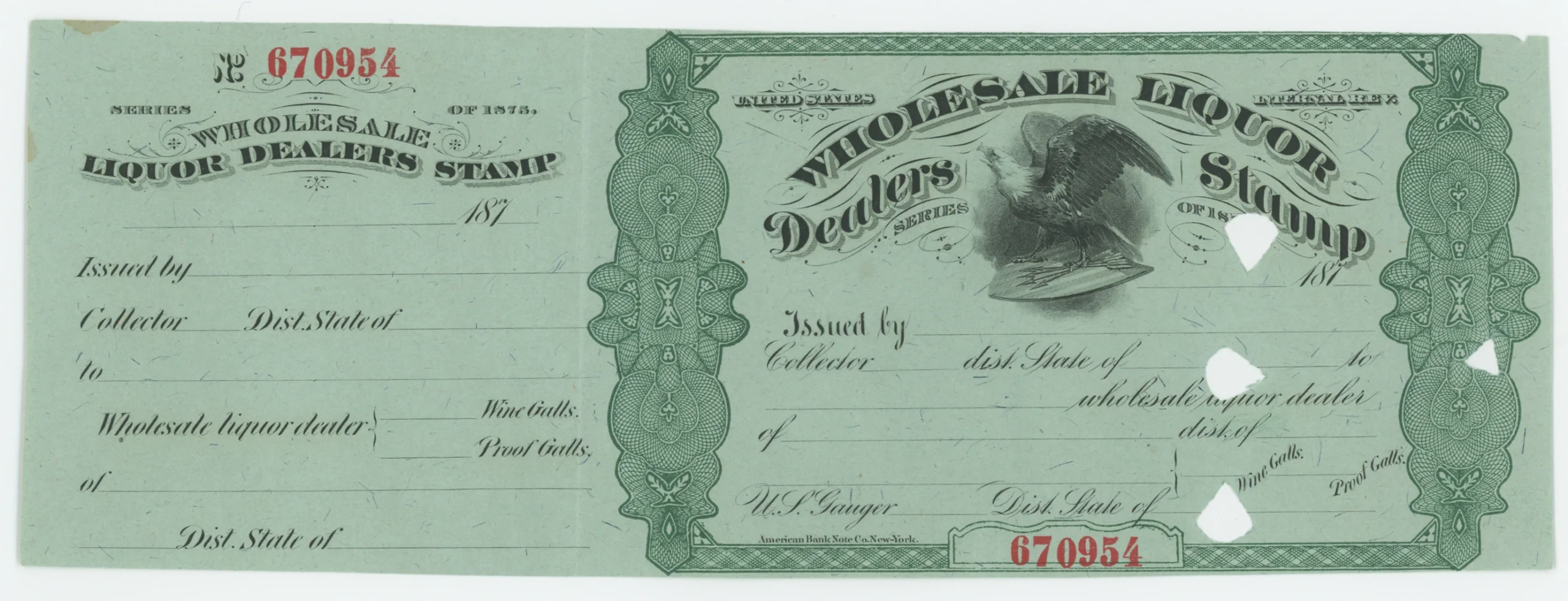 Series 1875 Wholesale Liquor Dealers Stamp