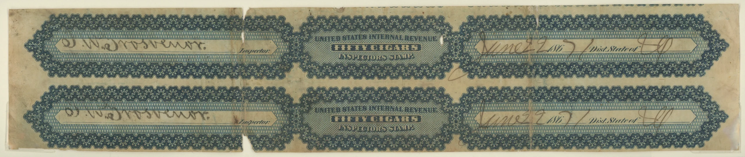 Springer TC47 Cigar Stamps (Inspectors Stamps) Pair, 50 Cigars Blue, Unused