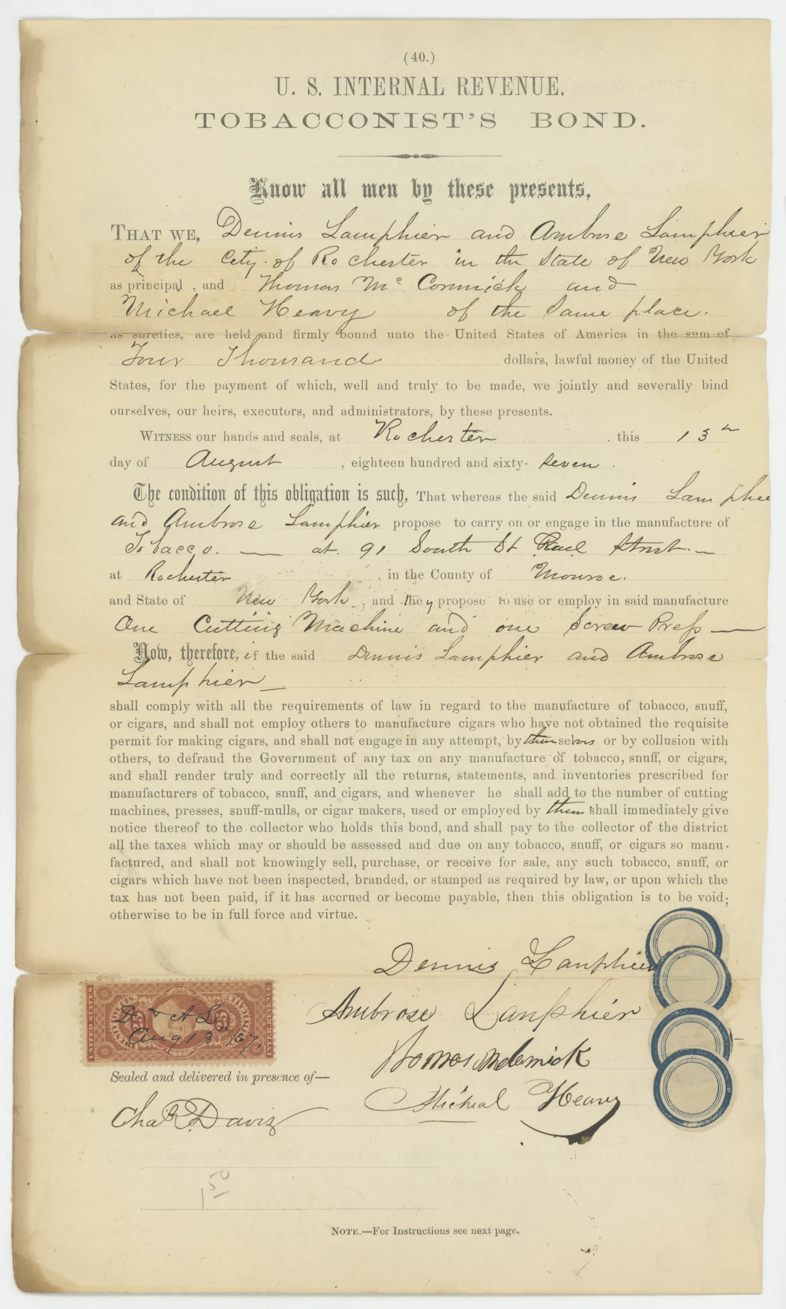 R44c on US Internal Revenue Tobacconists Bond, Rare!
