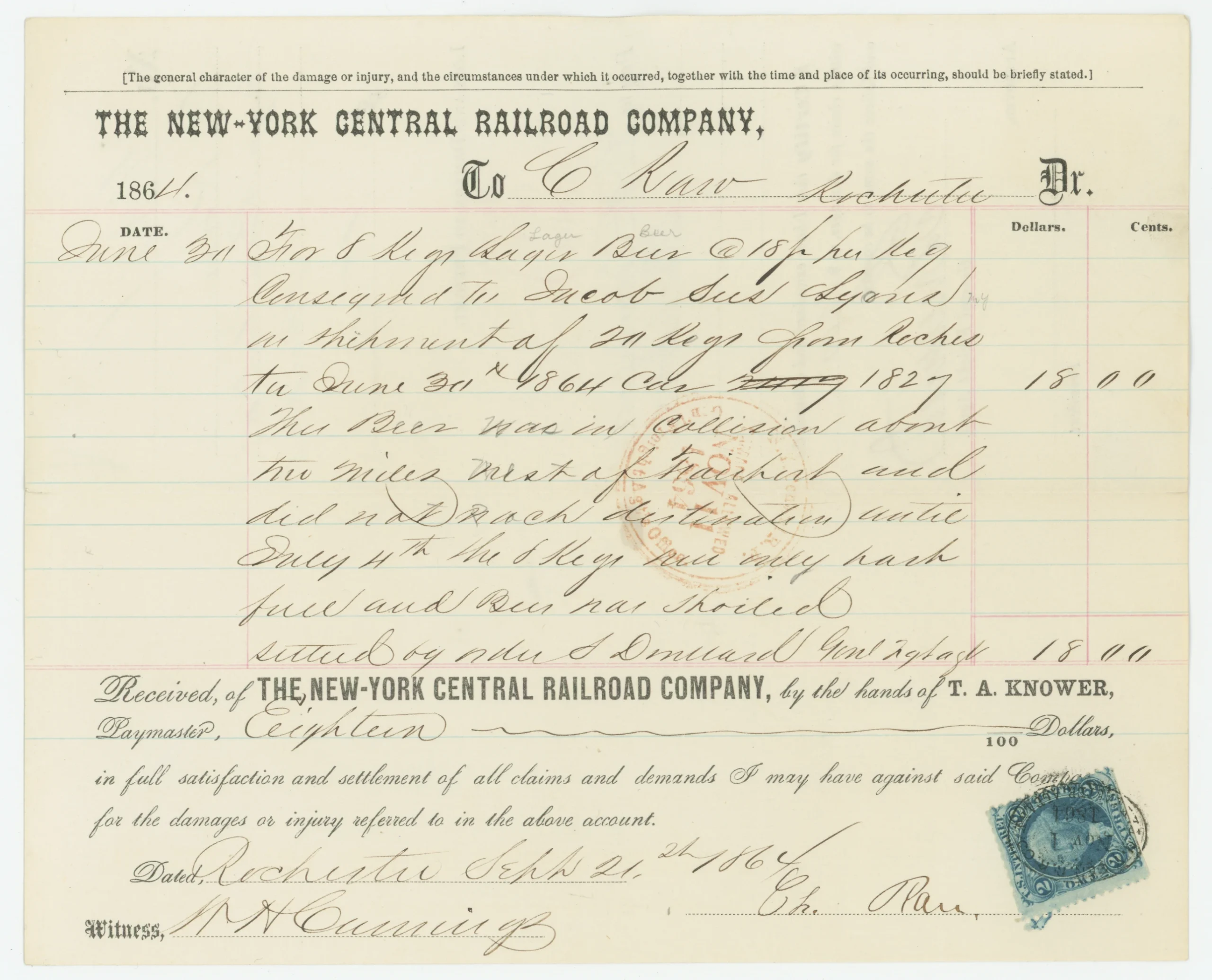 R9c NY Central Railroad Co., Loss/Damage Receipt for 8 Kegs of Lager Beer