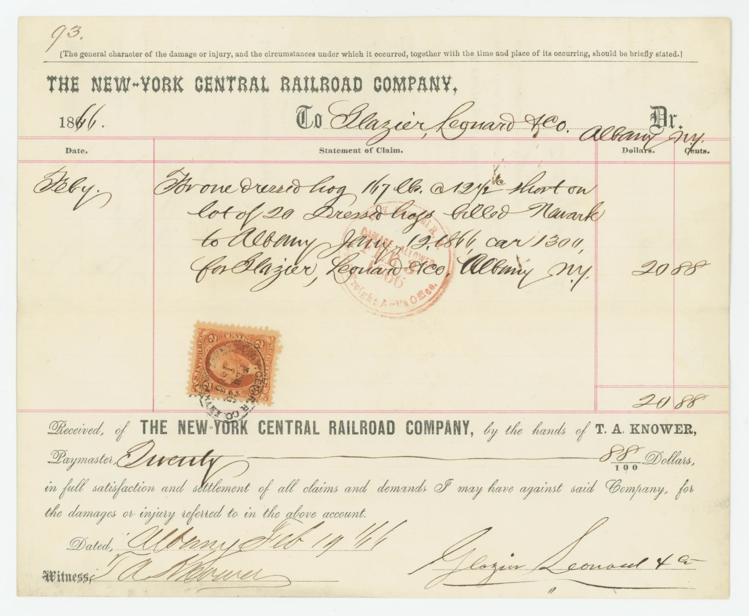 R15c NY Central Railroad Co., Loss/Damage Receipt for One Dressed Hog