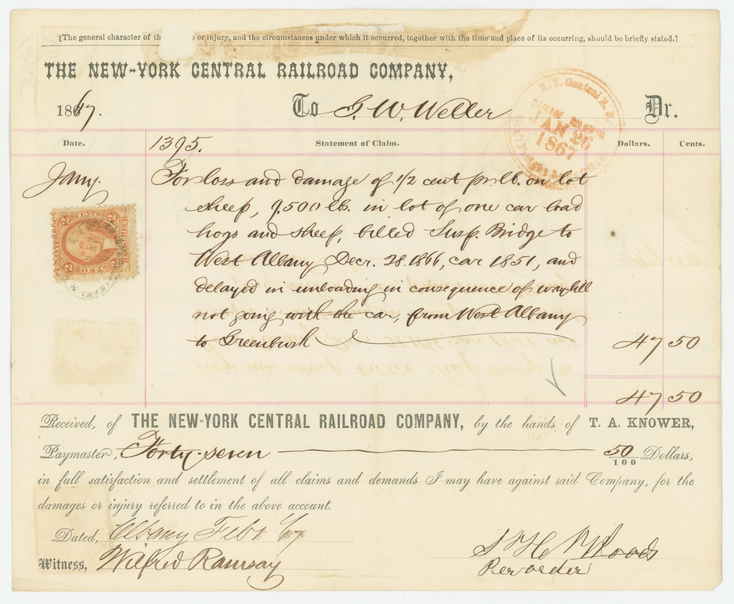 R6c NY Central Railroad Co., Loss/Damage Receipt Delayed Sheep