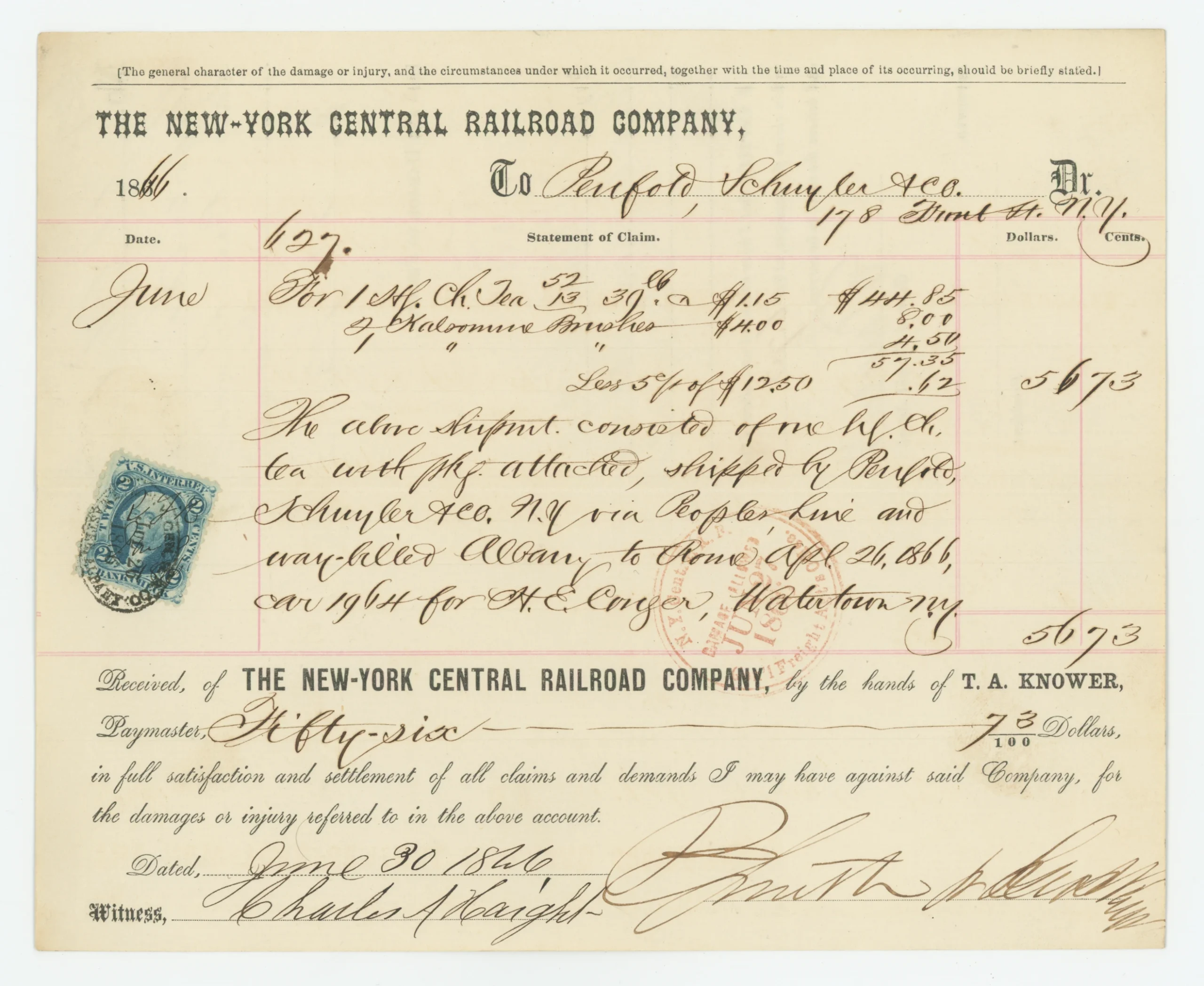 R15c NY Central Railroad Co., Loss/Damage Receipt for Loss on Shipment of Tea