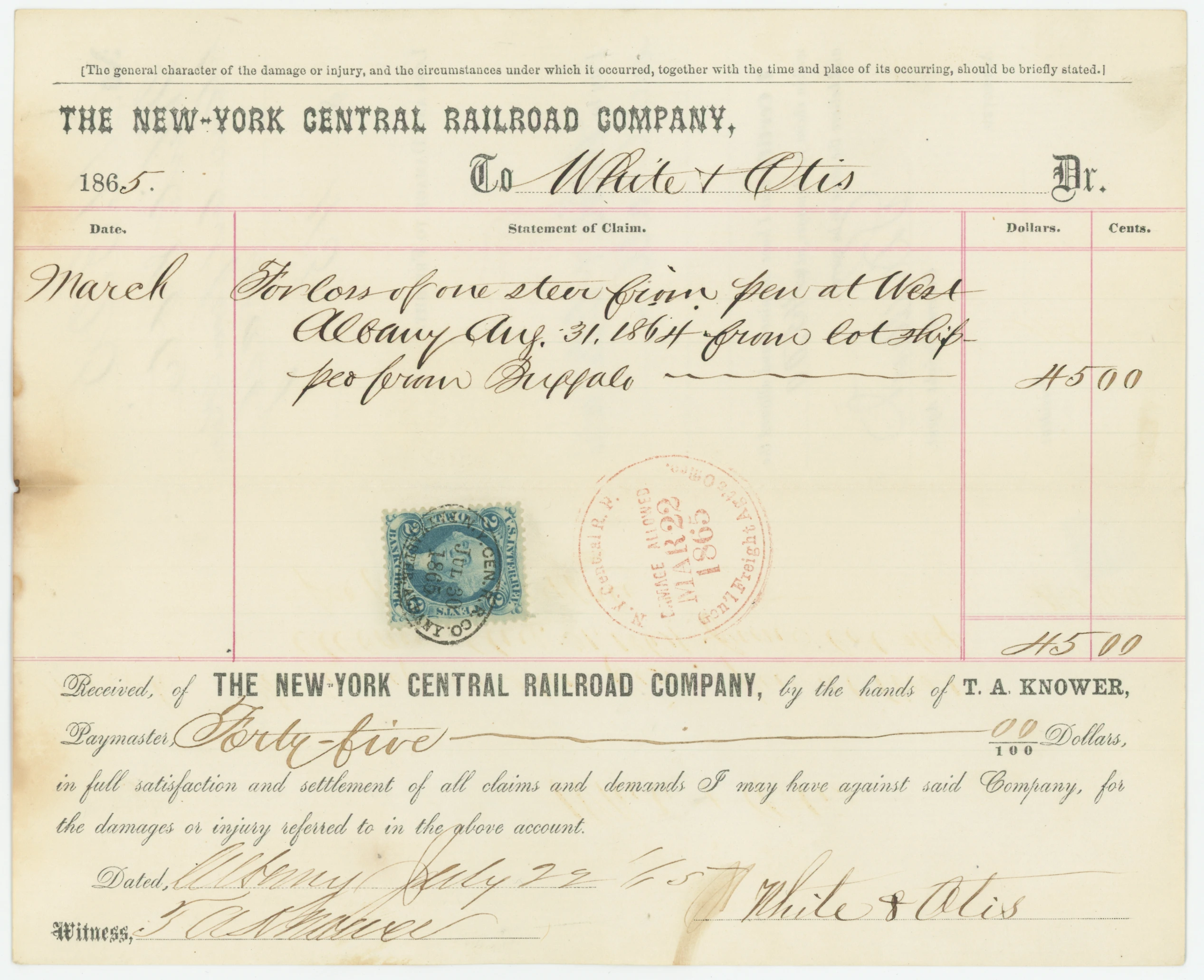 R5c NY Central Railroad Co., Loss/Damage Receipt for Loss of One Steer