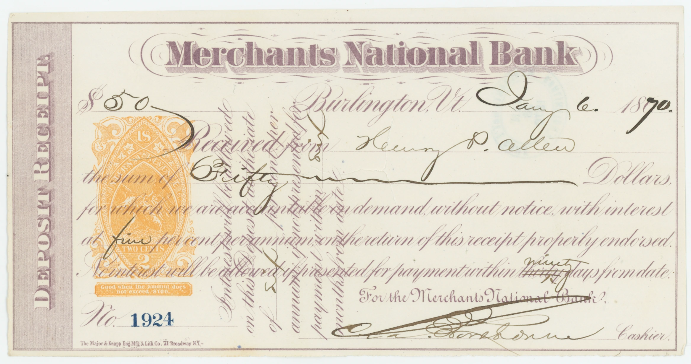 RN-B24 Merchants National Bank Deposit Receipt