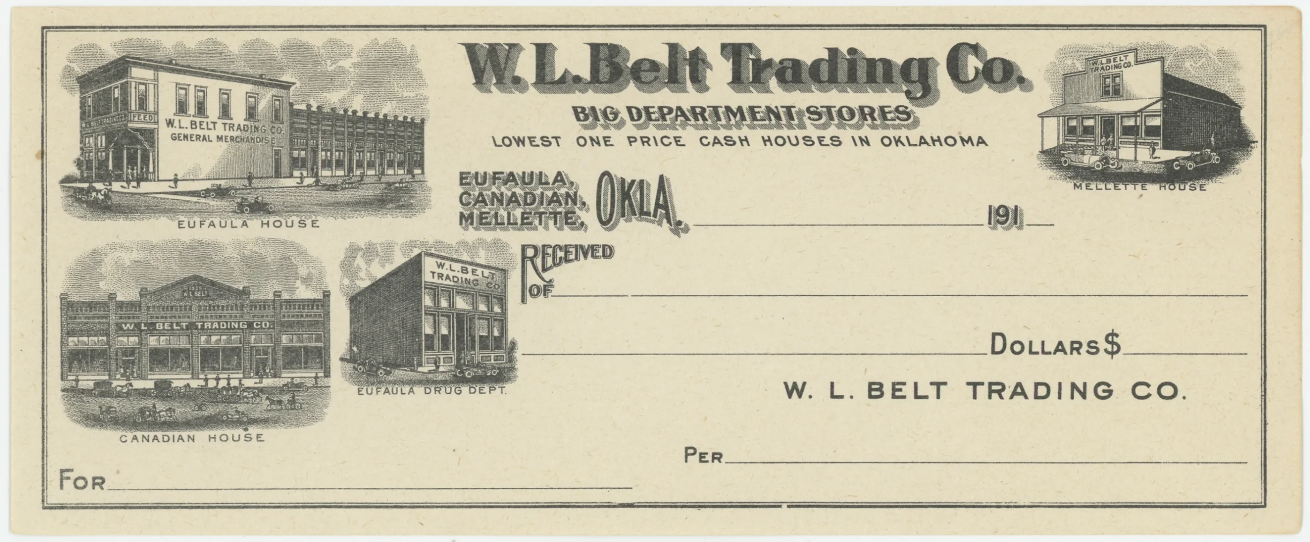 W.L. Belt Trading Receipt, Unused, 191x