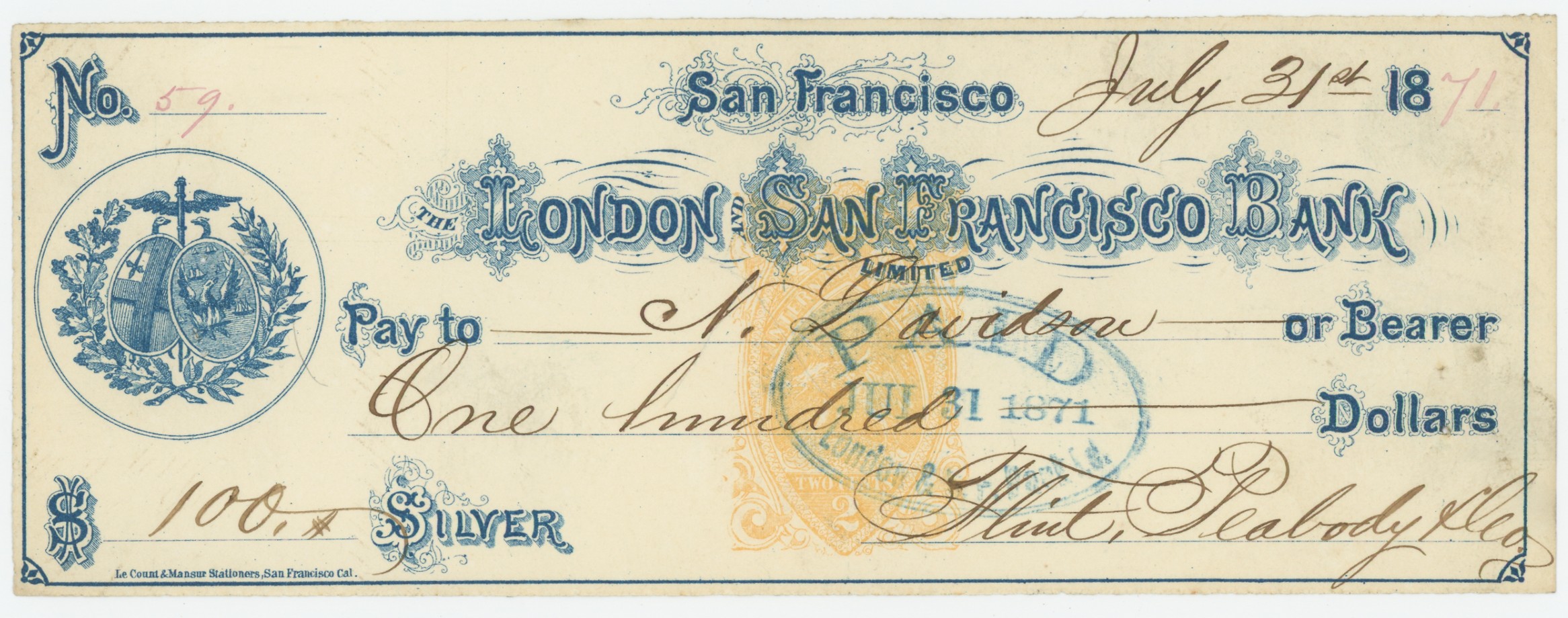 RN-B1 The London and San Francisco Bank, Limited Check #59
