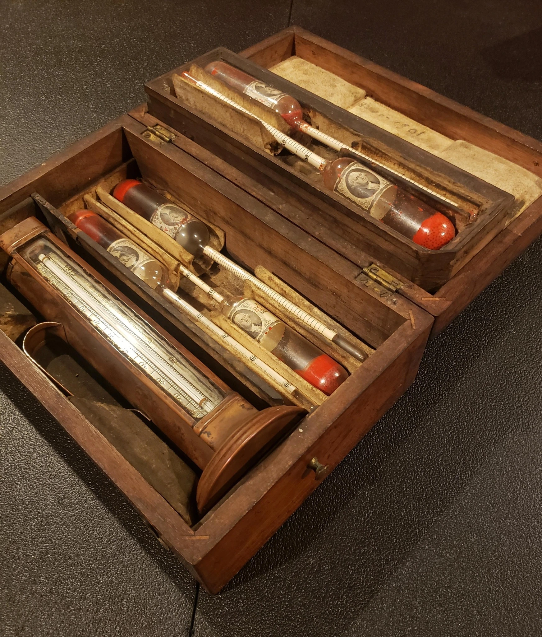 George Tagliabou Hydrometer Kit, 5 Hydrometers and Copper Beaker with Thermometer in Walnut Case