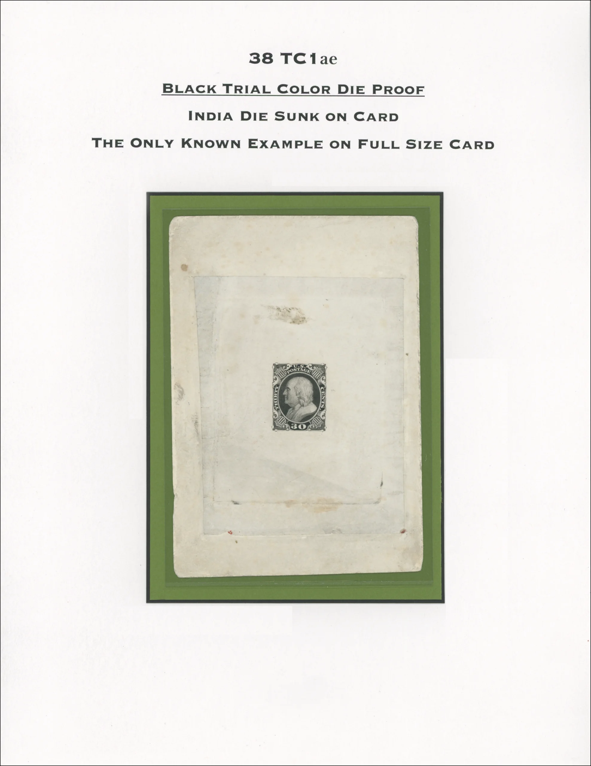 38TC1ae — Black 30¢ 1861 Large Die Essay, A New Discovery, The Only Known Copy on Full Size Card