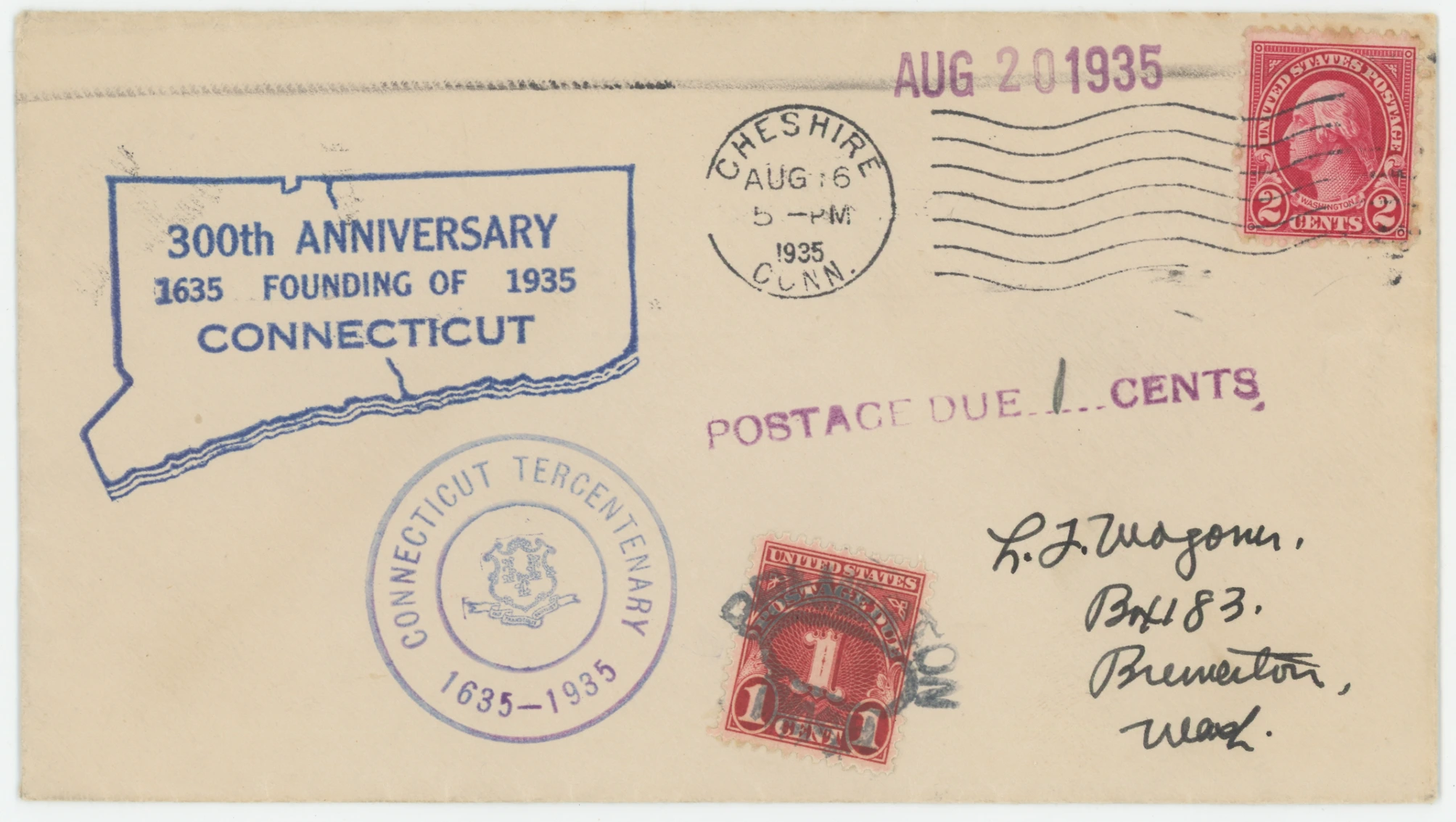 1935 Connecticut Tercentenary Cover, Postage Due with J80