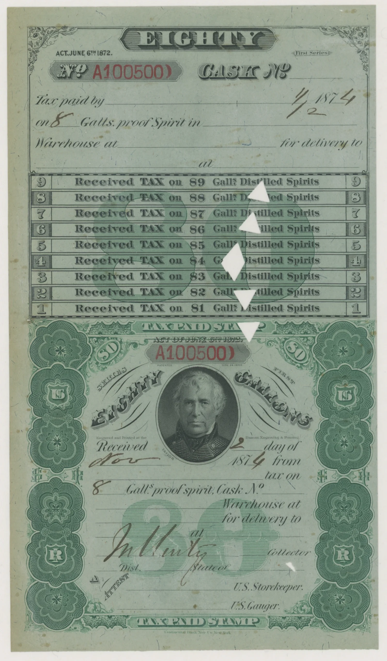Series 1872 Distilled Spirits 80 Gallons, Zachary Taylor