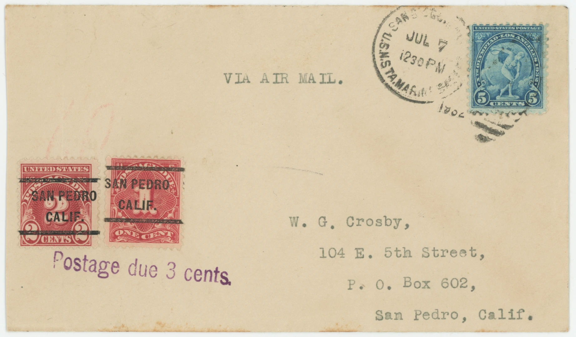 1932 Crosby Air Mail Cover, Postage Due 3 Cents