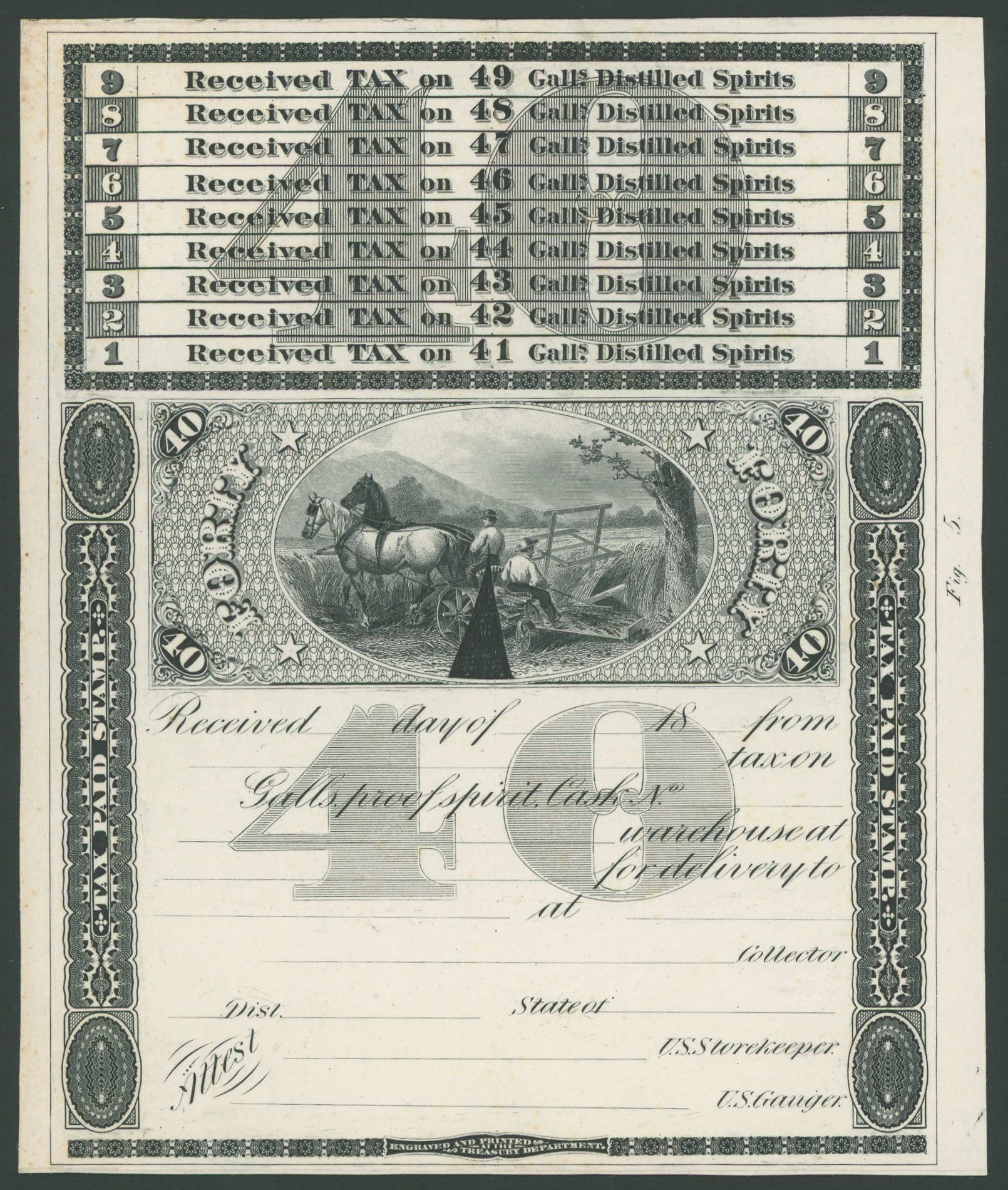 Series 1868 Distilled Spirits 40 Gallons, Proof on Card