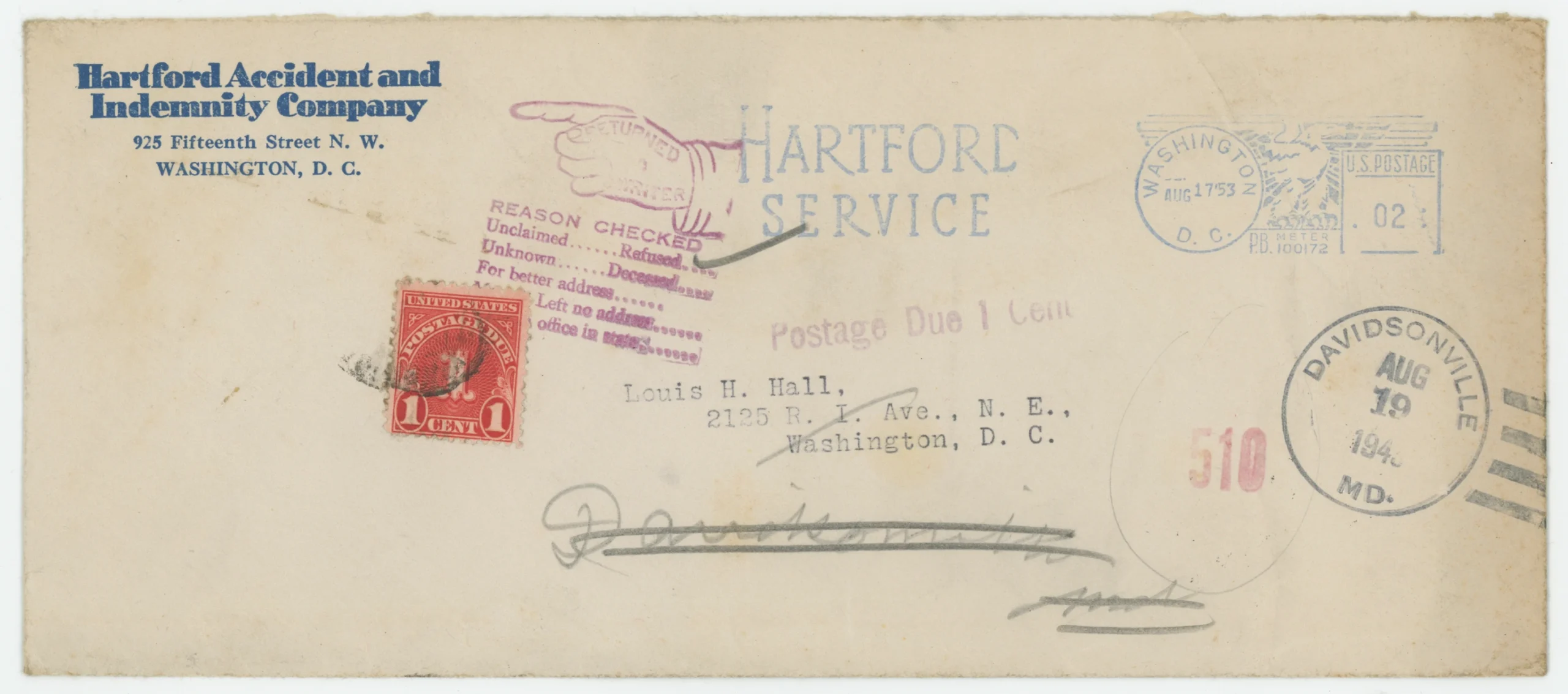 1943 Hartford Accident and Indemnity Company, Postage Due/Refused