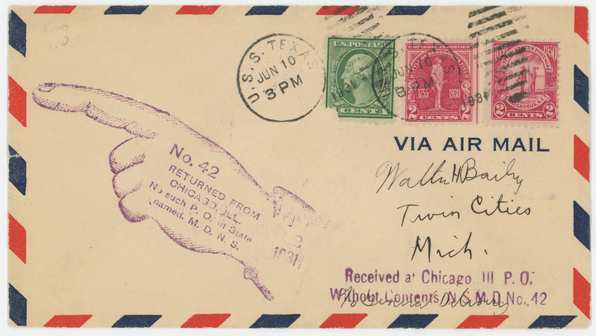 1931 Letter, Returned — "No Such P.O. in State" & "Received Without Contents"