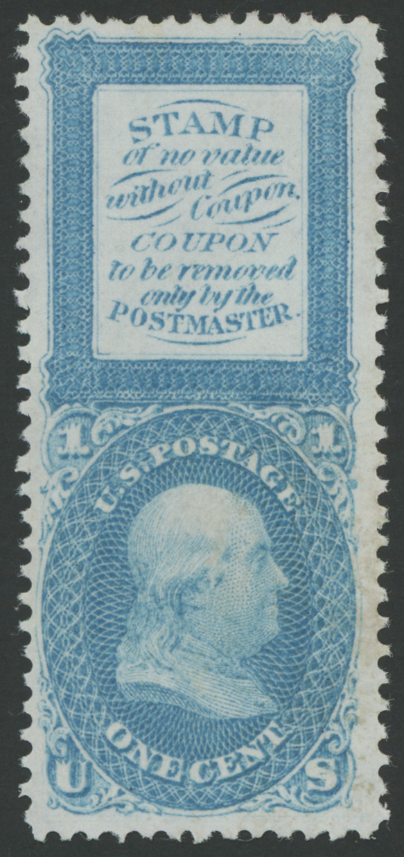 63-E13g Bowlsby Coupon Essay in Blue, Imperf Between Stamp and Coupon