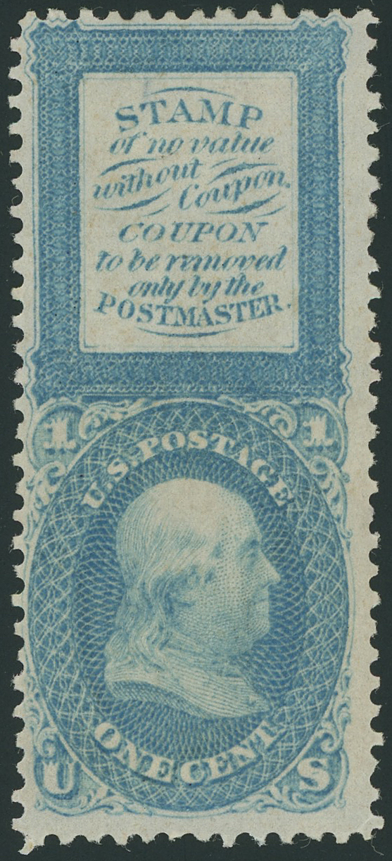 63-E13g Bowlsby Coupon Essay in Blue, Imperf Between Stamp and Coupon