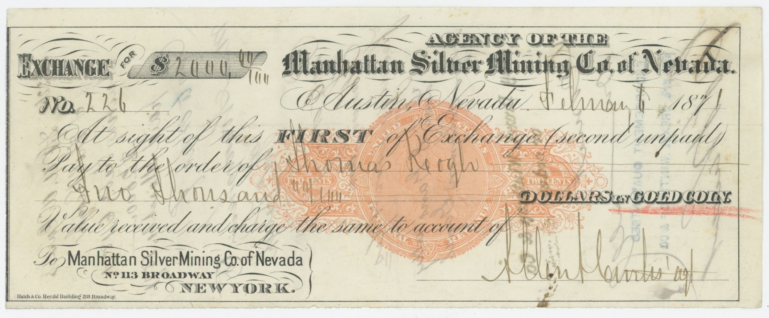 RN-C1 Manhattan Silver Mining Co. of Nevada Bill of Exchange