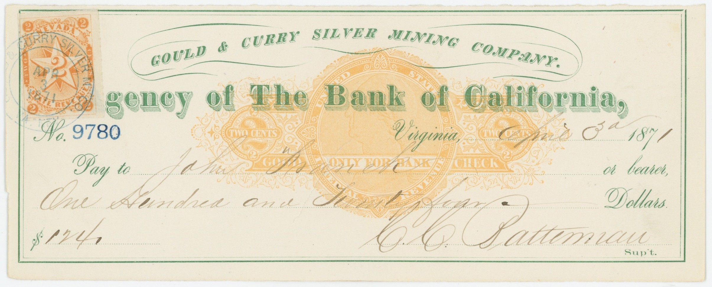 RN-C21 Agency of The Bank of California, 2¢ Nevada State Adhesive