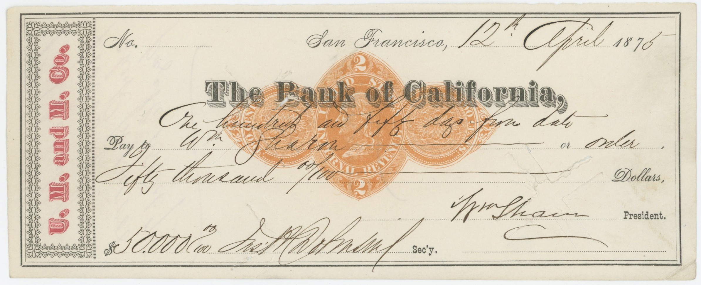 RN-D1 The Bank of California, Bank Check/Promissory Note — SOLD