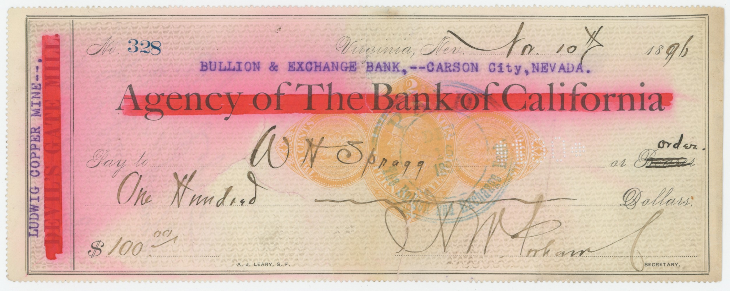 RN-D1 Bullion & Exchange Bank, Ludwig Copper Mining (prev. Devil's Gate Mill) Very Rare