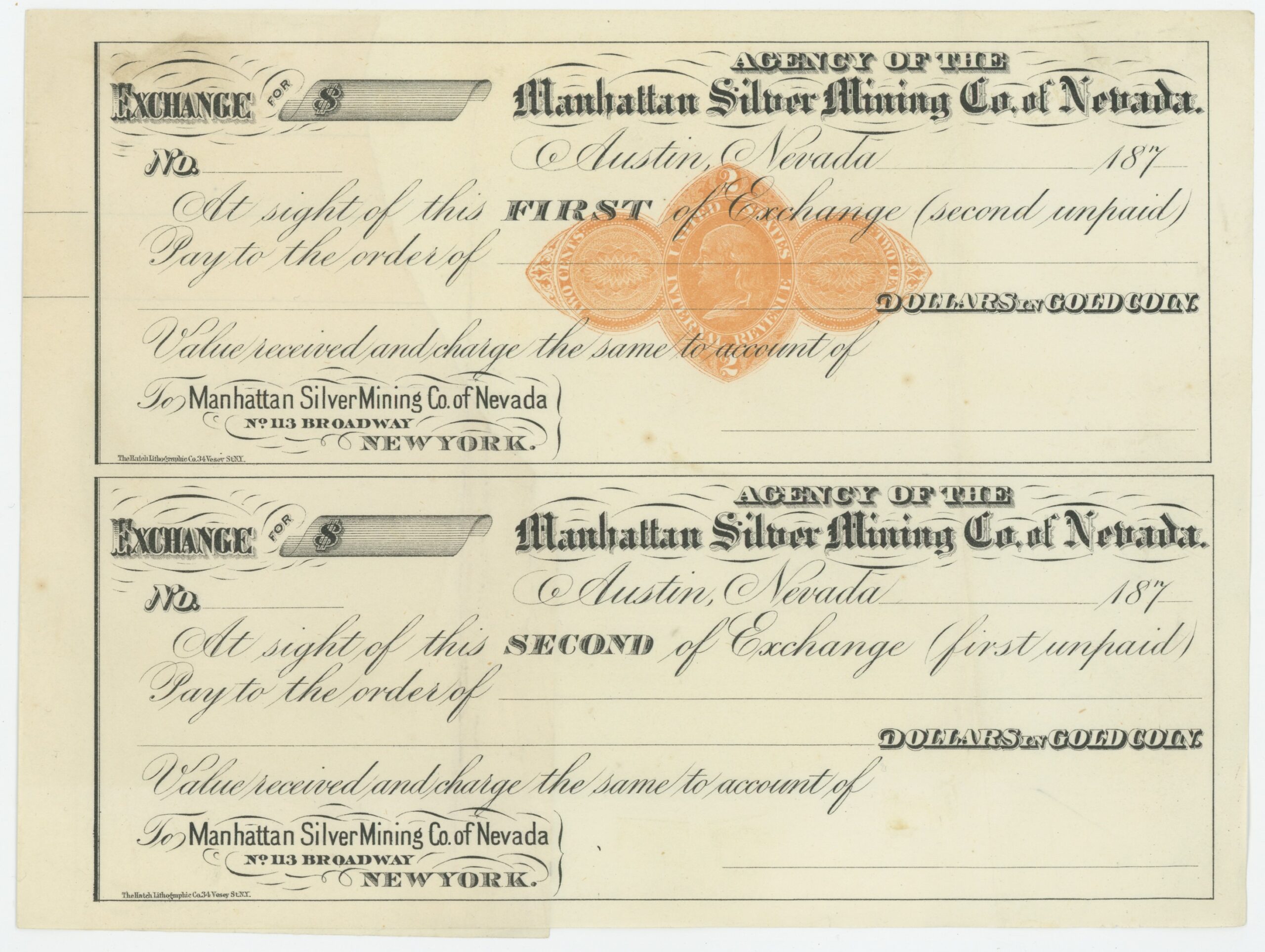 RN-D1 Manhattan Silver Mining Co. of Nevada, Uncut Pair, Bills of Exchange