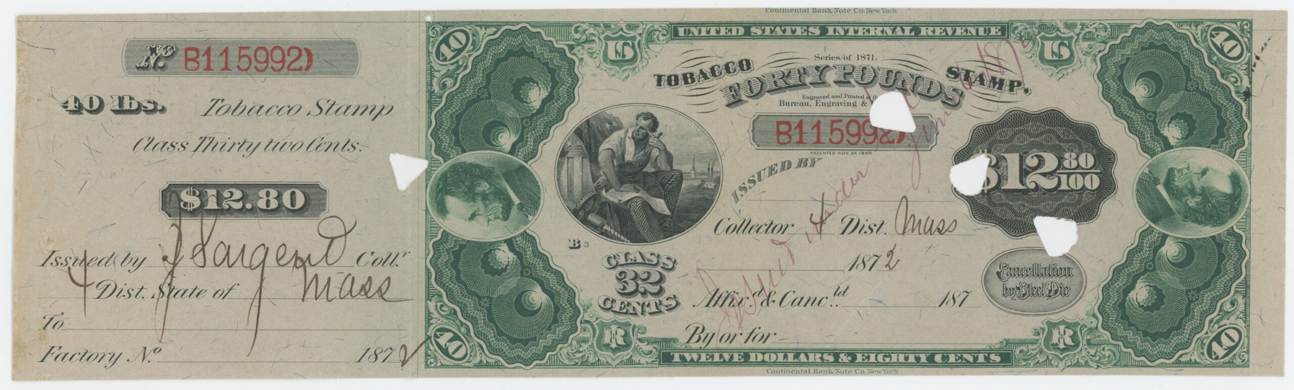 Springer TF77A 40 lb Tobacco Stamp of 1871 with 1872 Provisional Surcharge, Full Stub