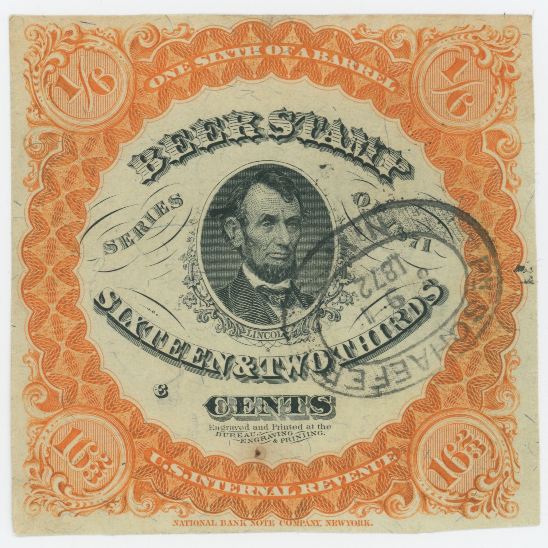 REA21 — 16 2/3¢ Beer Stamp, Lincoln Vignette