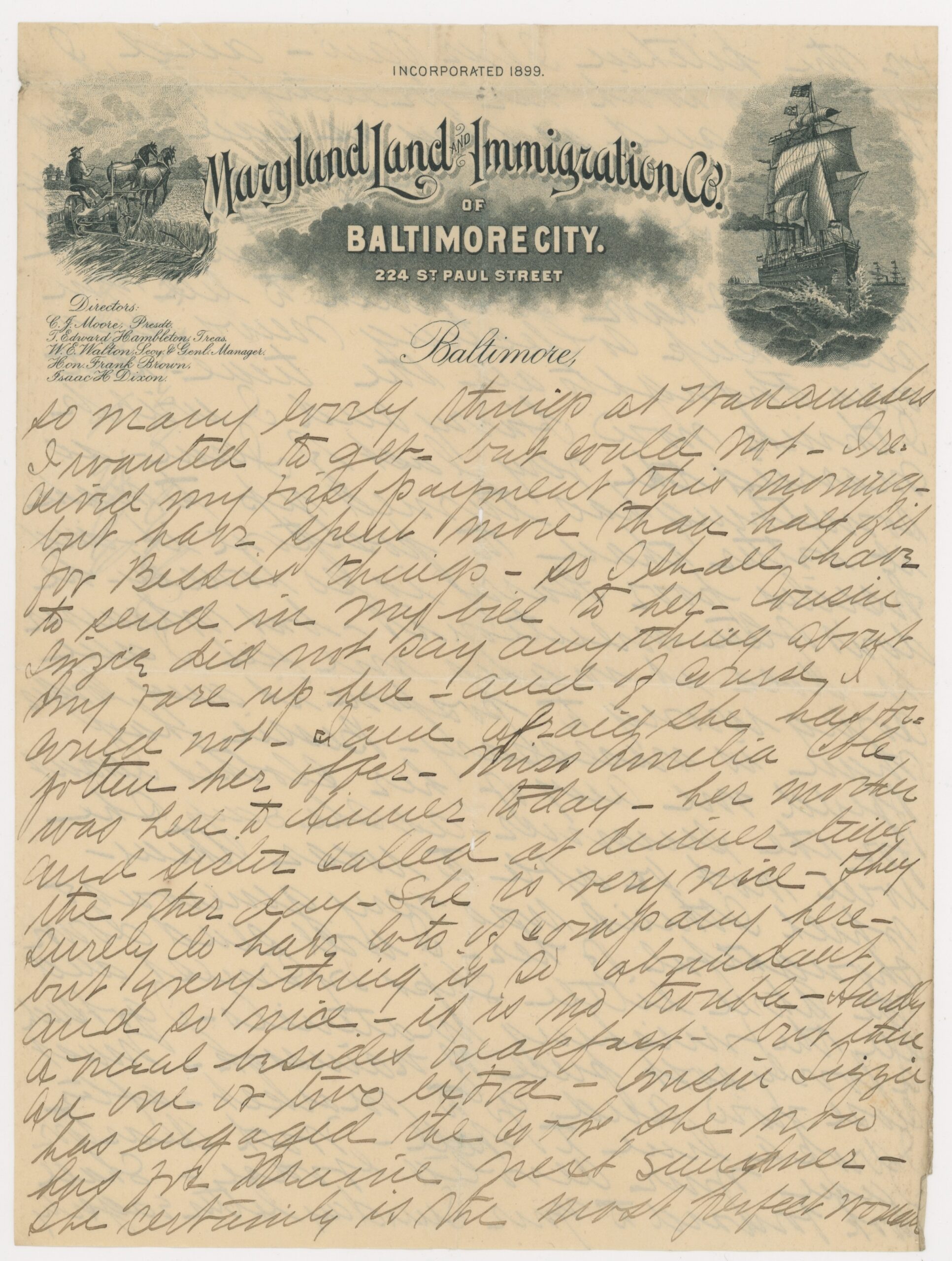 ca. 1870 - 80 Maryland Land and Immigration Co. of Baltimore City Letterhead