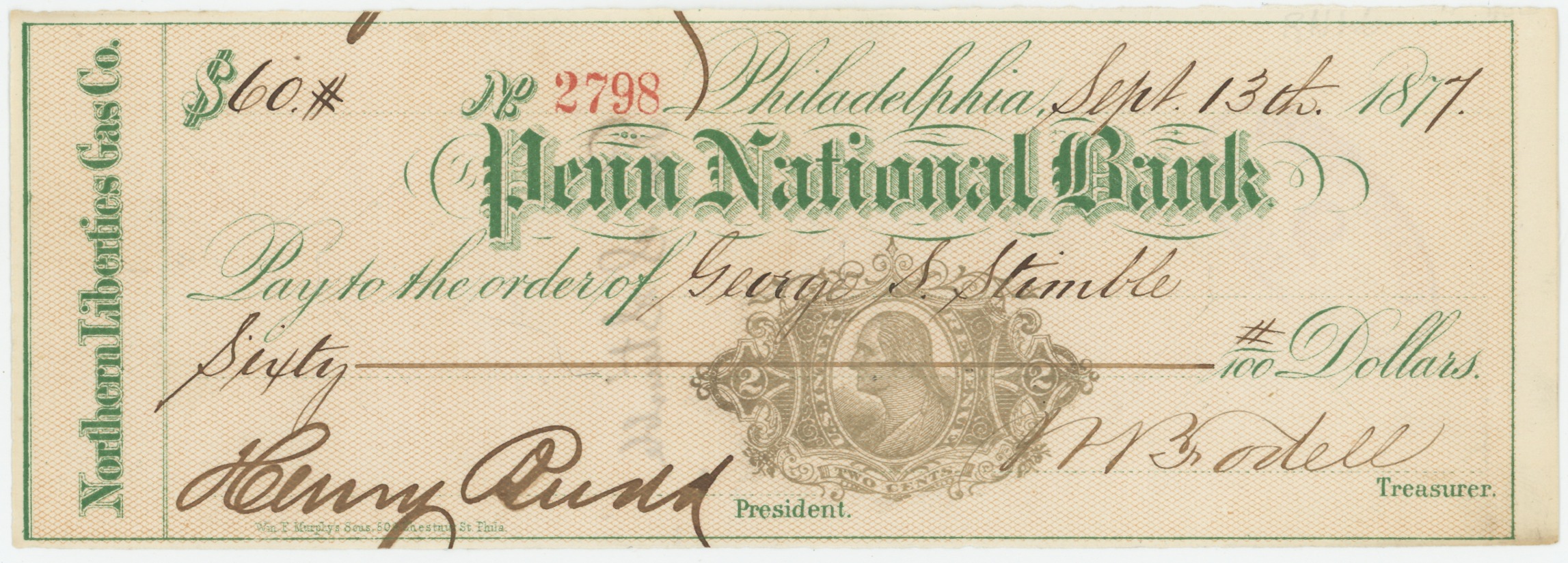 RN-L6 Penn National Bank, Northern Liberties Gas Co. Check