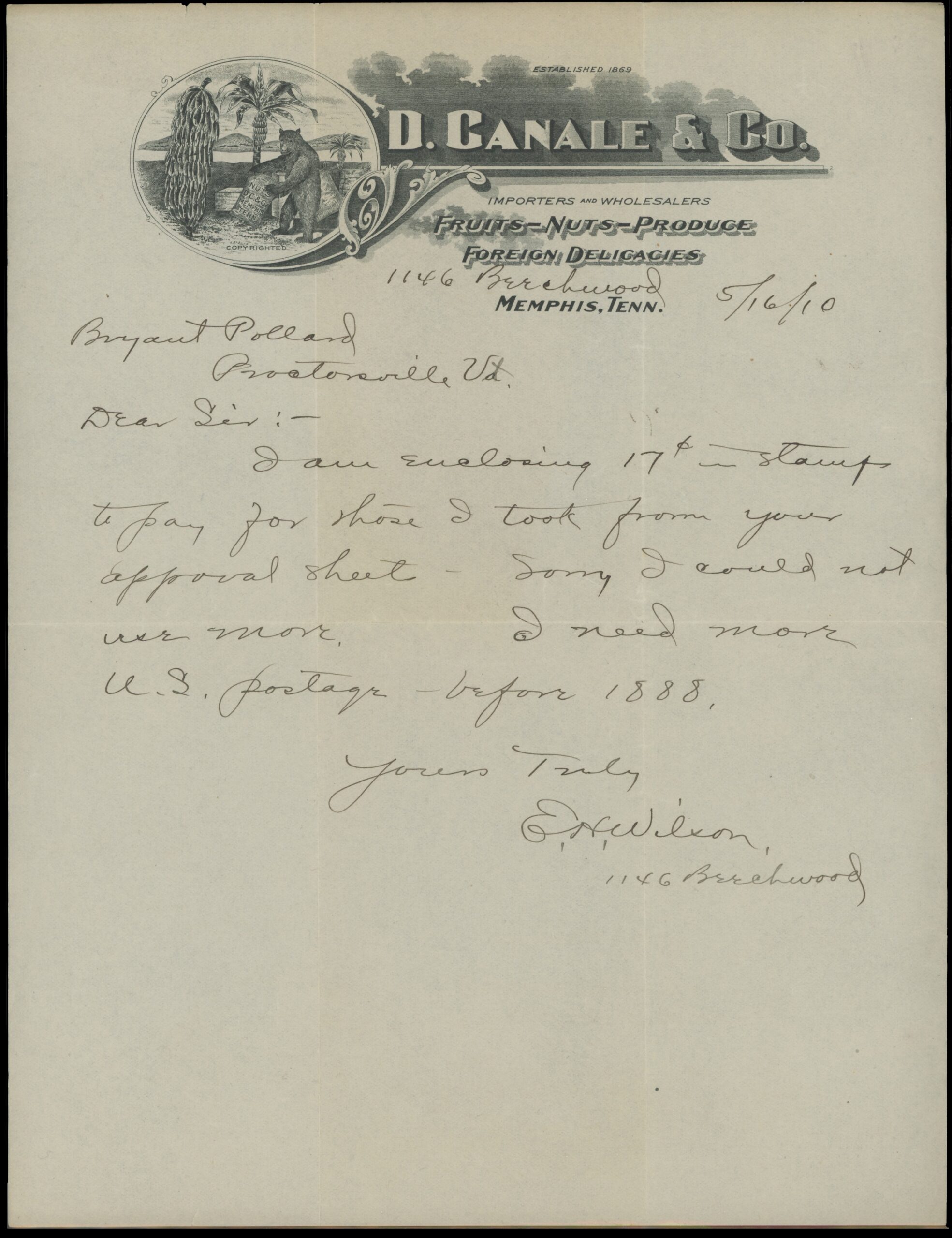 1910 D. Canale & Co. Letterhead, Payment for Stamp Approvals (Bears & Bananas)