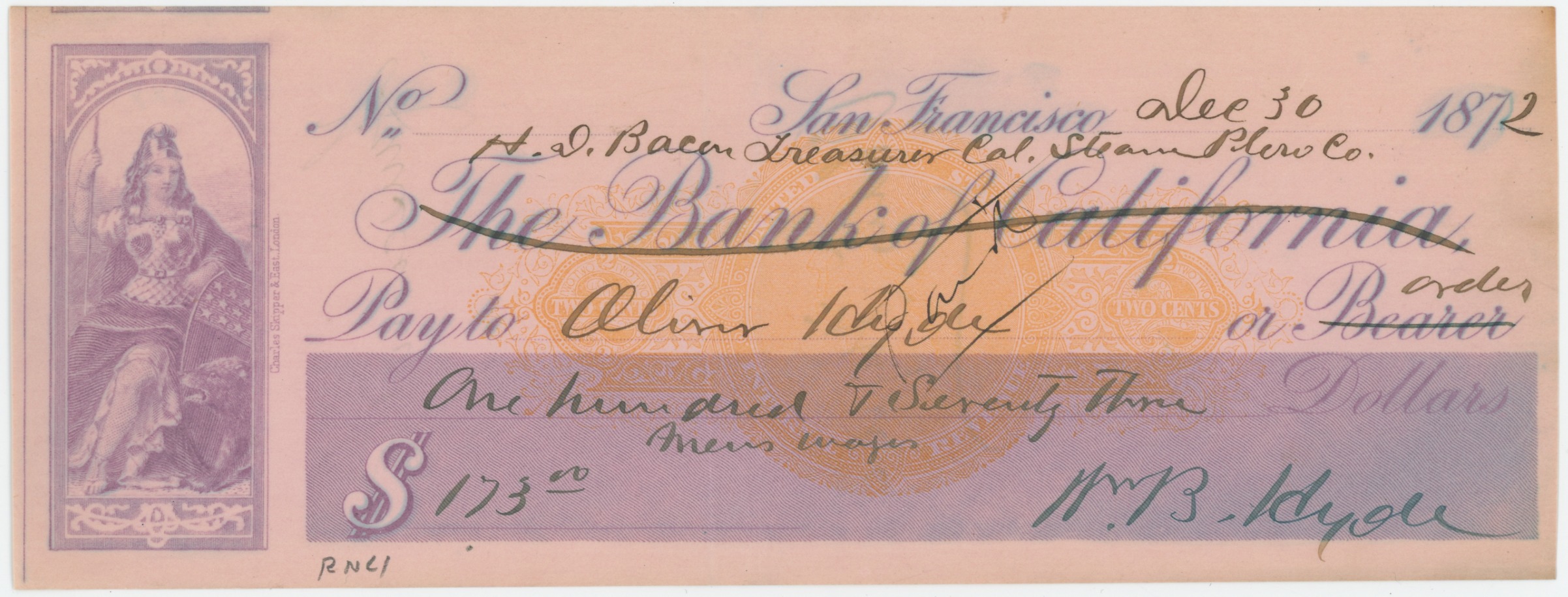 RN-C1 Bank of California Makeover: H.D. Bacon Treasurer Cal. Steam Plow Co.