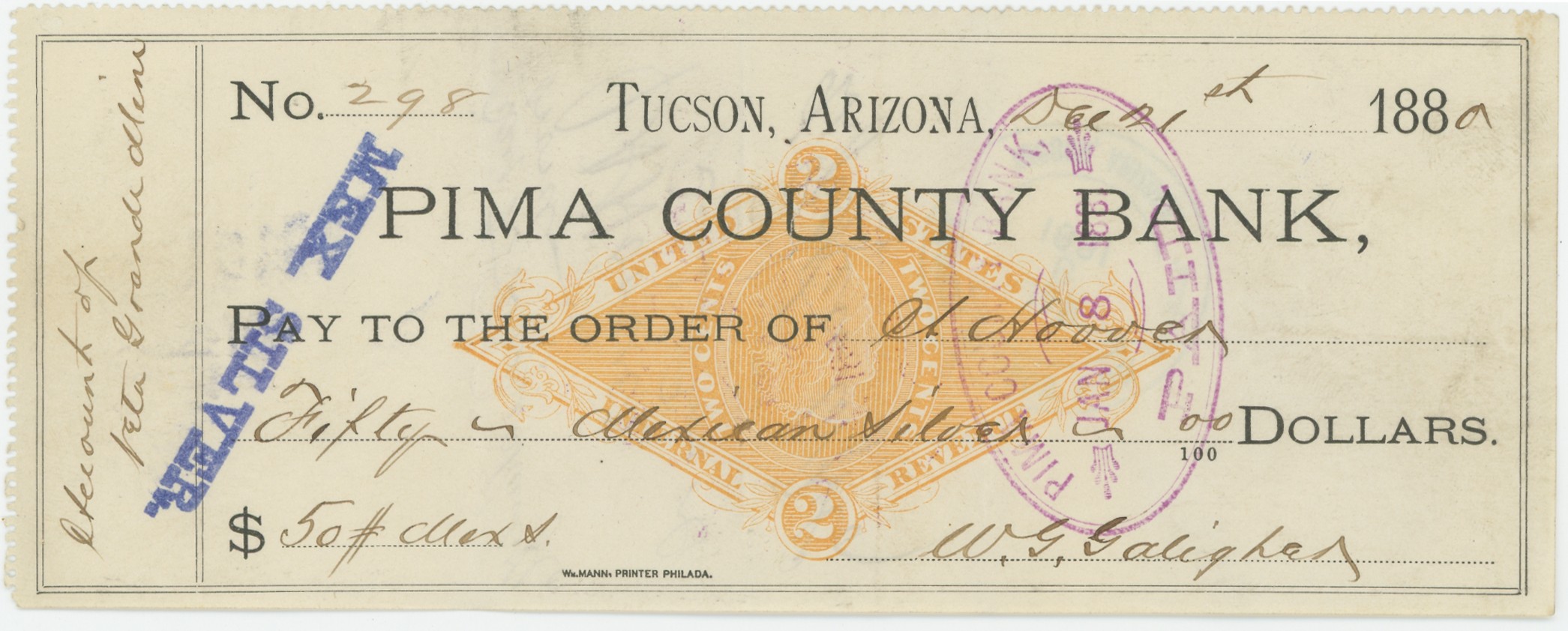 RN-G1 Pima County Bank, Paid in Mexican Silver