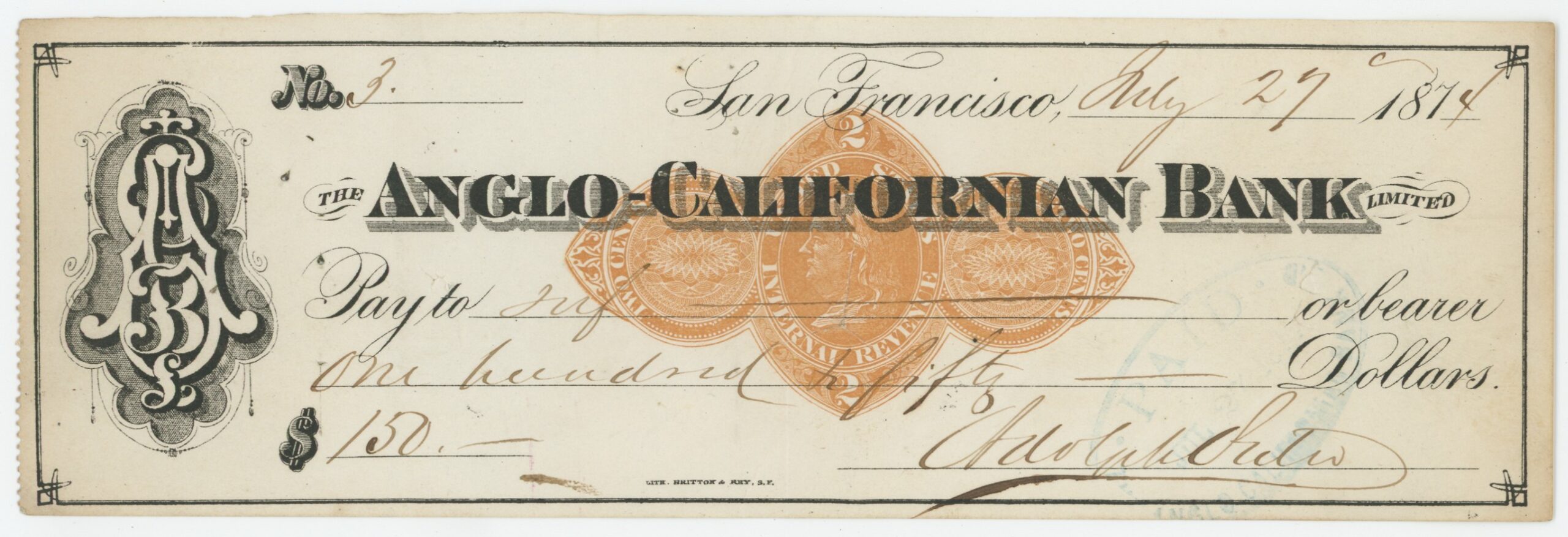 RN-D1 Anglo-American Bank, Signed Adolph Sutro