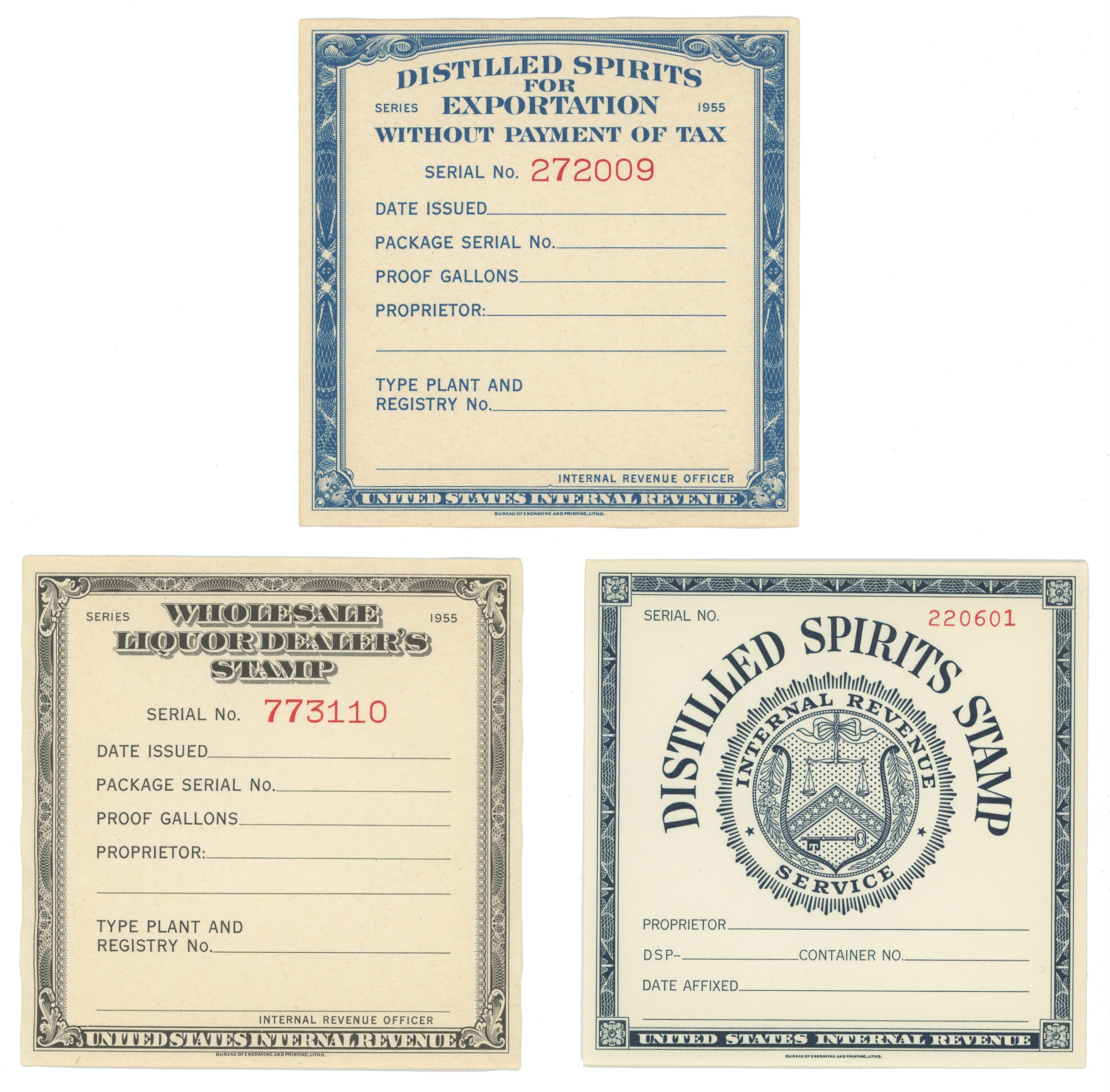 1955 Distilled Spirits Tax Stamps, Unused Set of 3