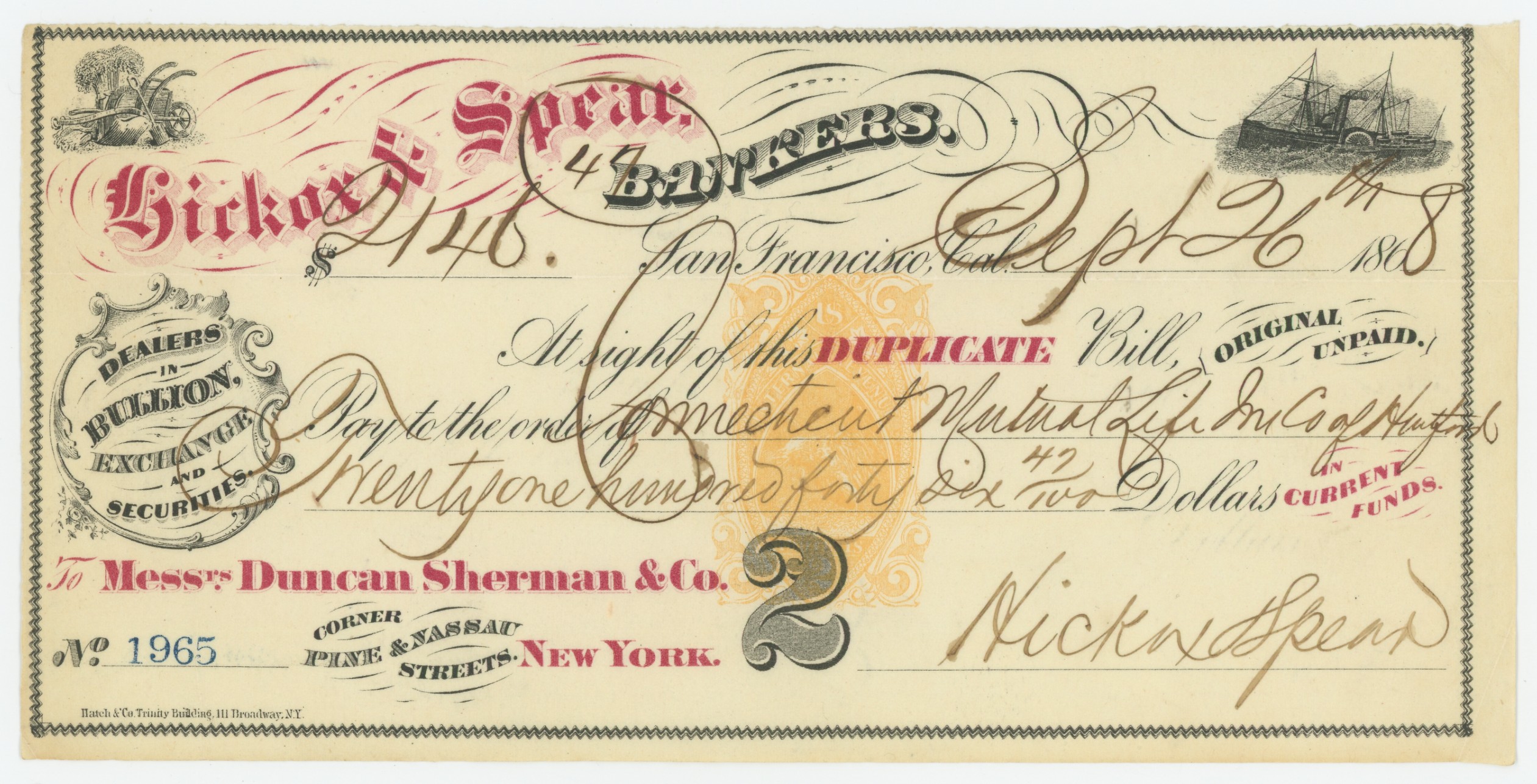 RN-B1 Hickox & Spear Bill of Exchange