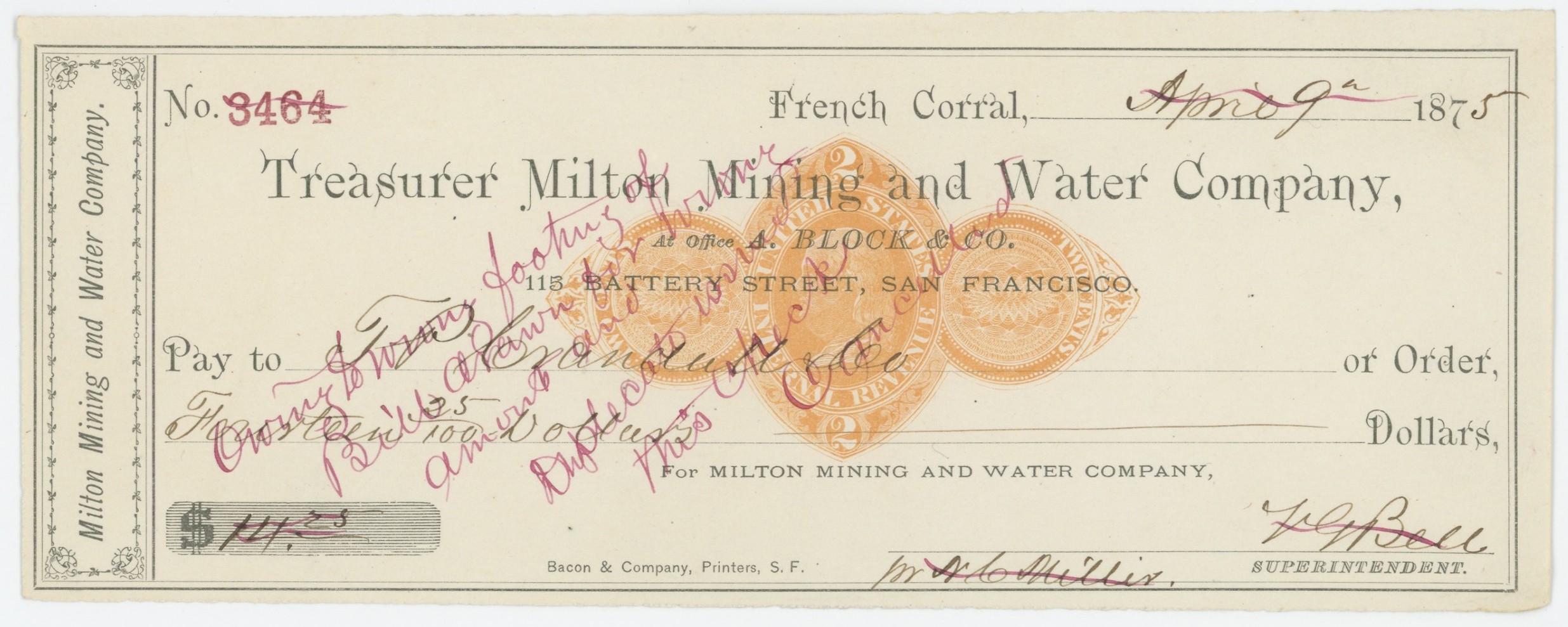RN-D1 Treasurer Milton Mining and Water Company, Listing Copy in Castenholz