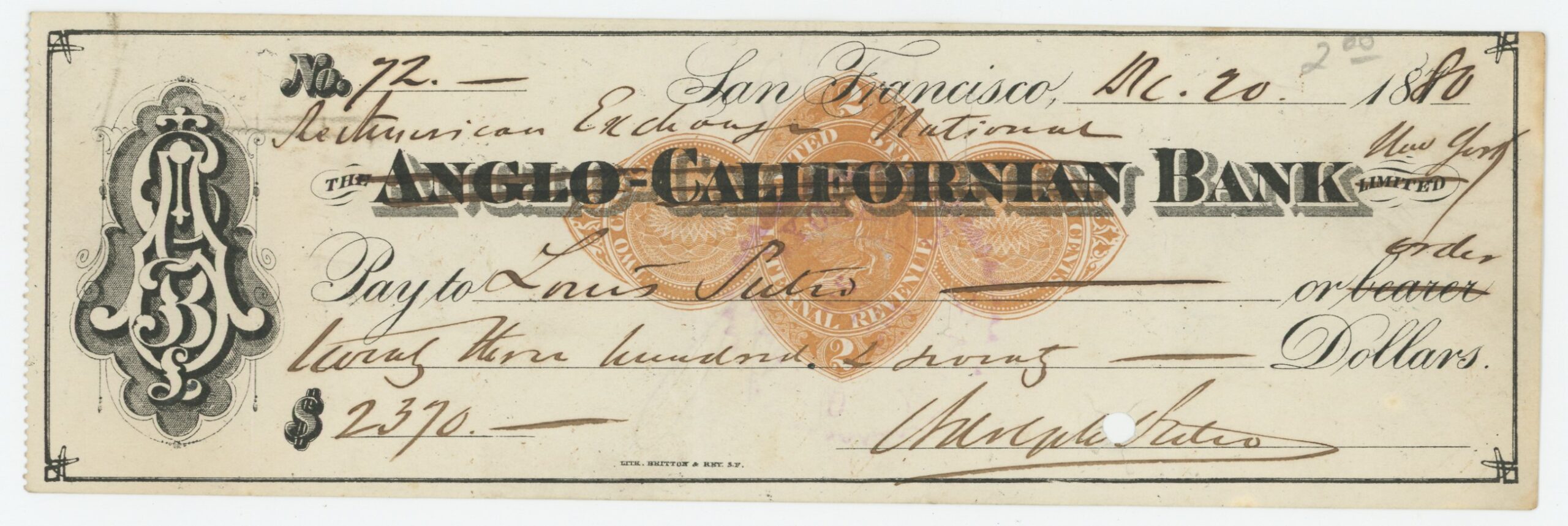 RN-D1 Anglo-Californian Bank Ltd. Signed Adolph Sutro