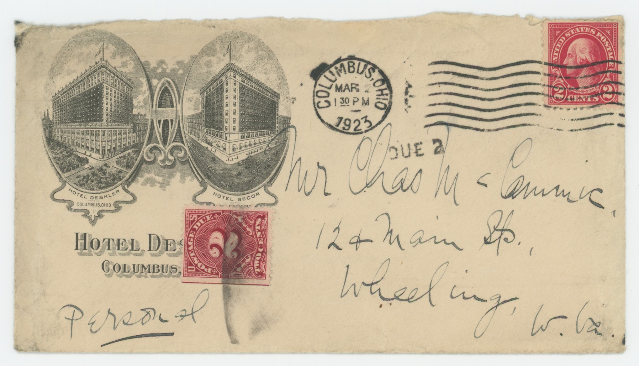 Hotel Deshler, Columbus OH, Postage Due 2¢