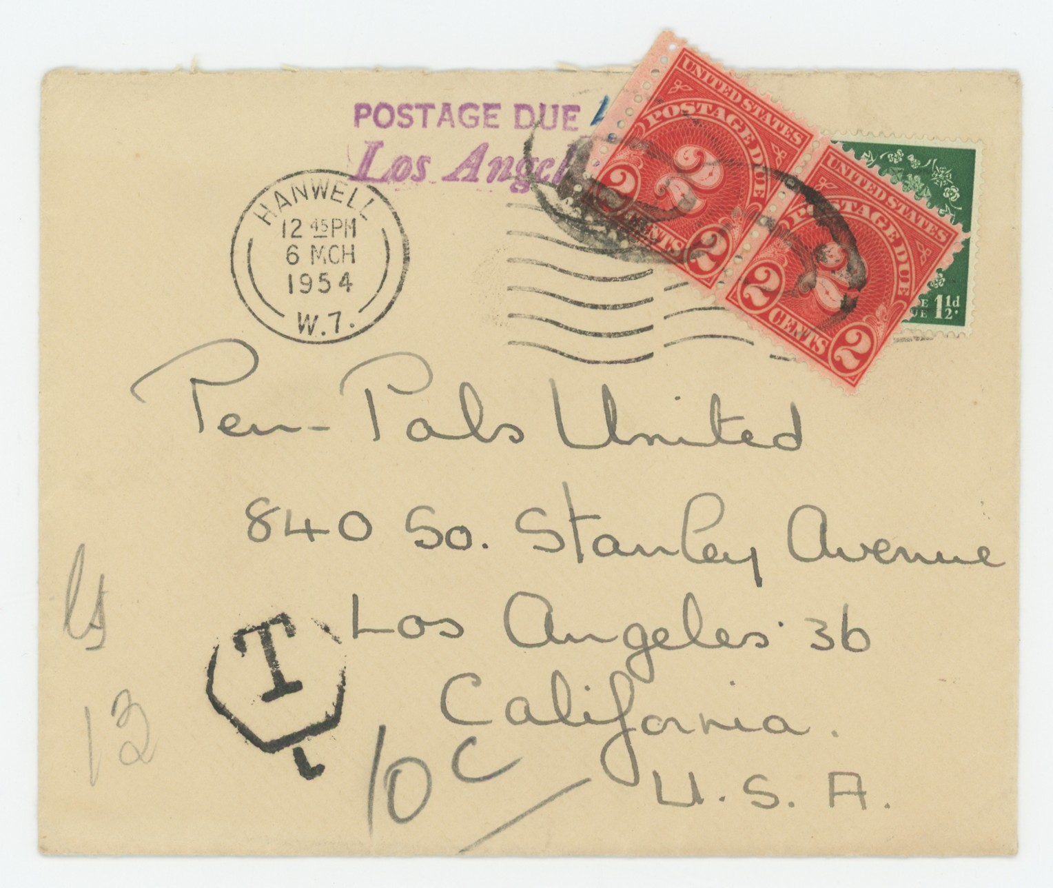 Los Angeles Postage Due 2¢ on Cover Sent from UK, 1954