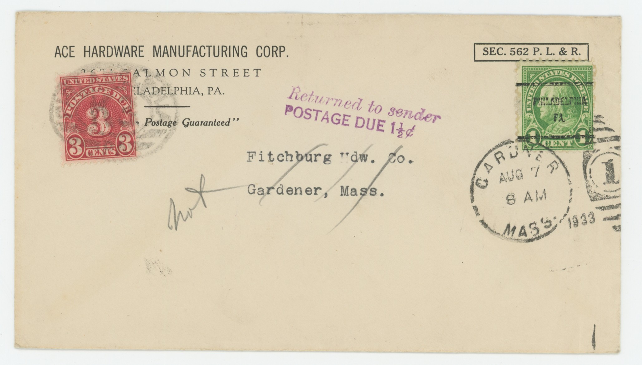 Ace Hardware, 3¢ Postage Due and Returned to Sender, to pay 1 1/2¢