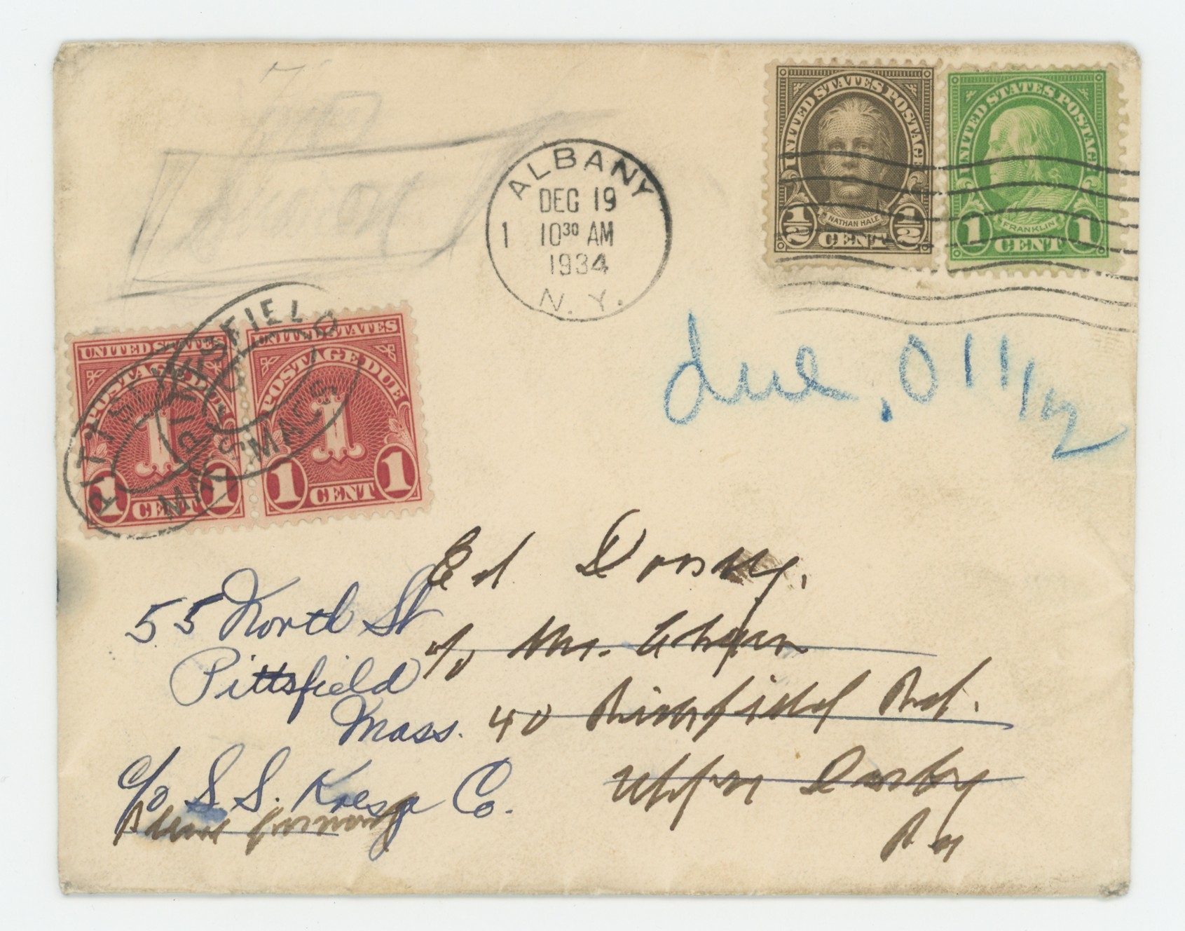 2¢ Postage due on 1 1/2¢ Cover, Albany NY 1924