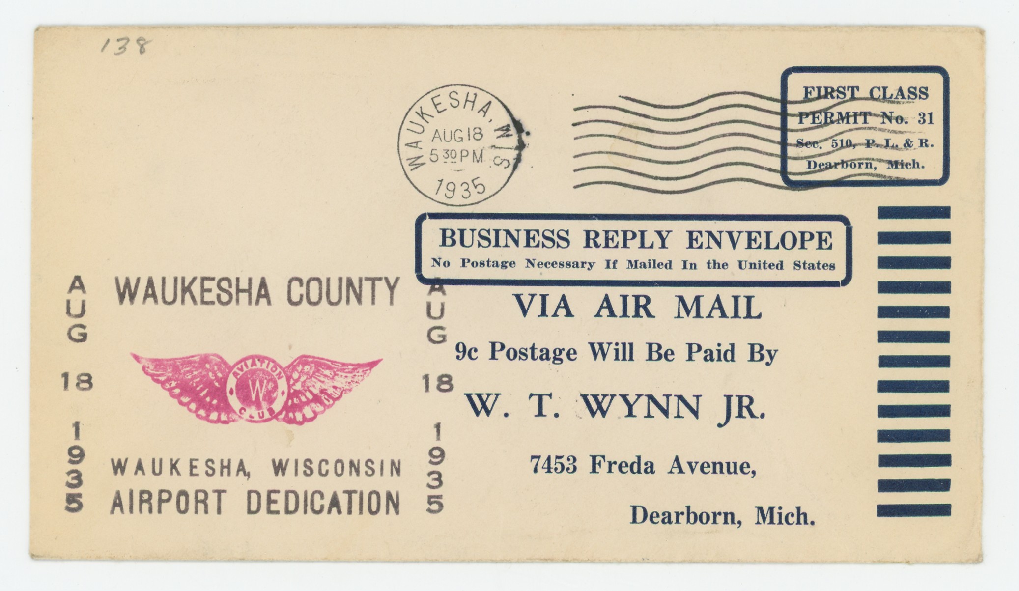 Waukesh, Wisconsin Airport Dedication Reply Envelope Due 5¢ (see back)
