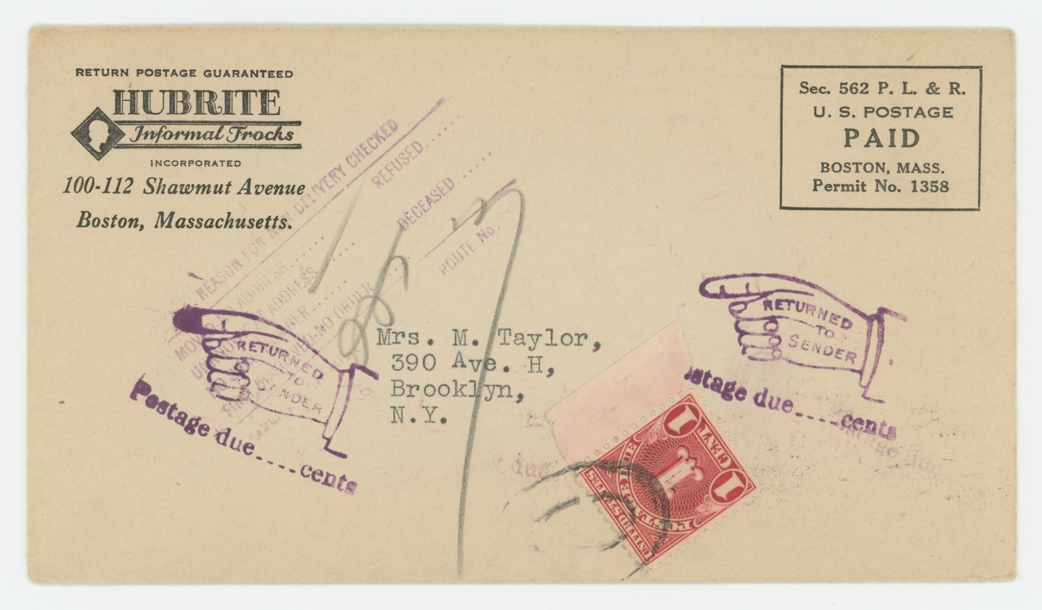 Hubright Informal Frocks, Postage Due 1¢ and Return to Sender